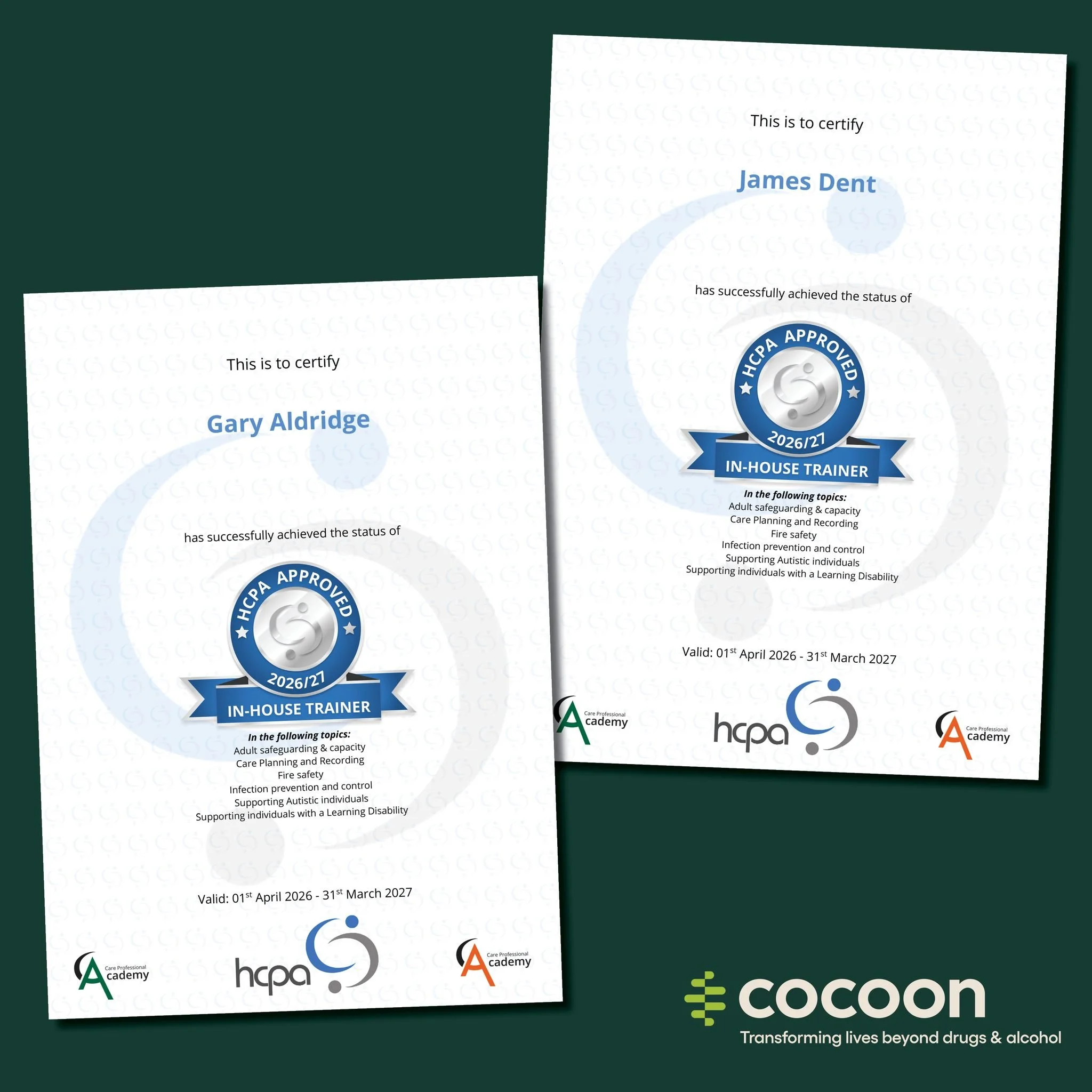 A huge congratulations to Gary Aldridge and James Dent on successfully achieving their training certification for 2026&ndash;2027.

Their commitment to learning and development helps ensure the highest standards of support for the people we work with