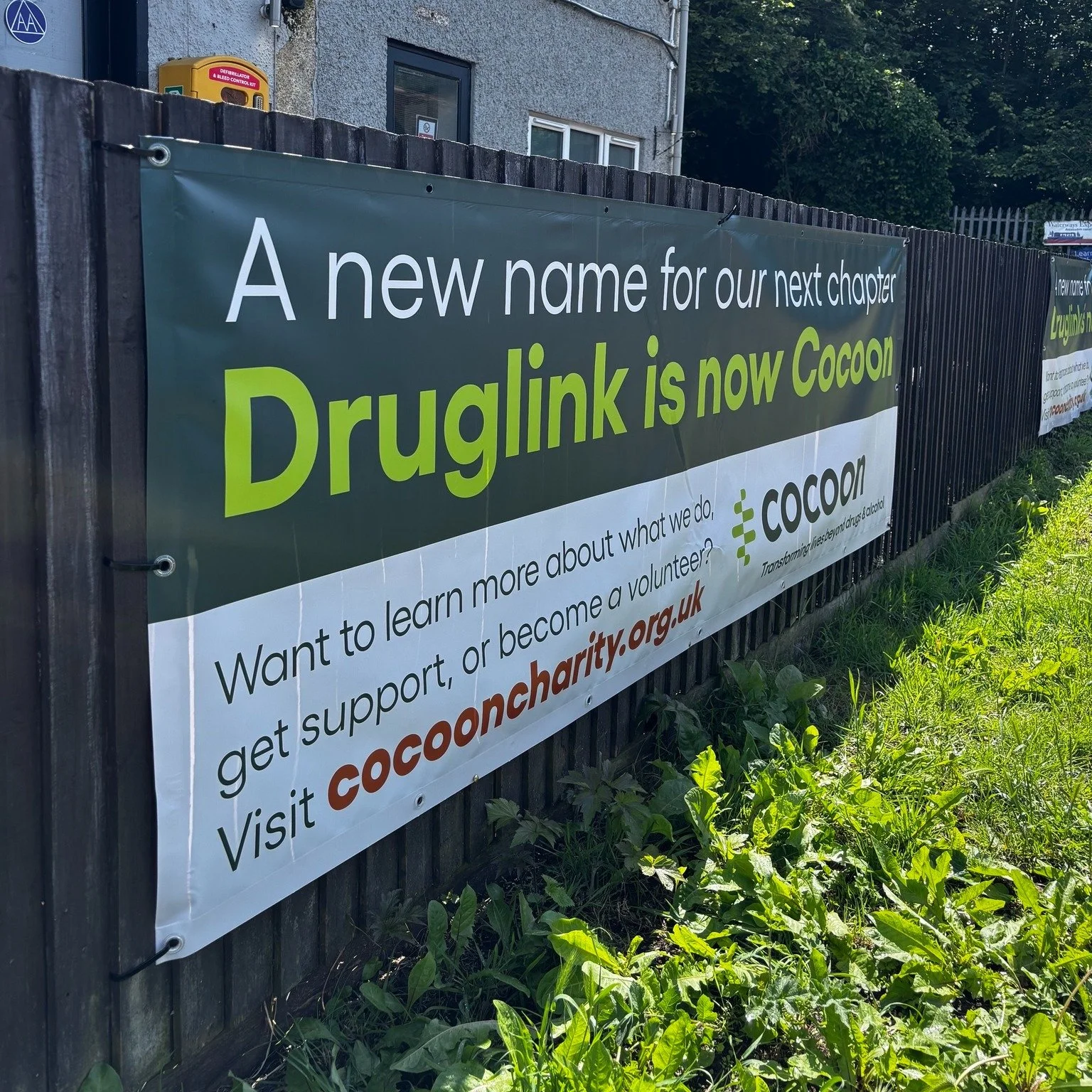 We managed to get a dry half hour to put our new banner up at Cocoon's head office!

As many of you know, Druglink is now Cocoon. While our name has changed, our commitment to supporting people and transforming lives beyond drugs and alcohol remains 