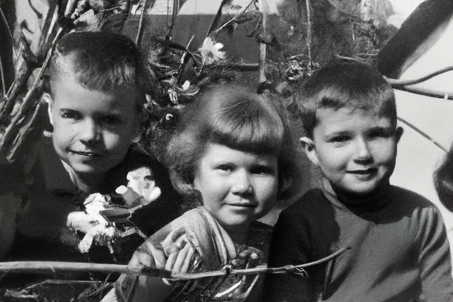 DALL·E 2023-04-22 19.22.20 - a close up portrait of two young boys and an older sister playing in the blooming garden of they house in a village , Russia 60's.png