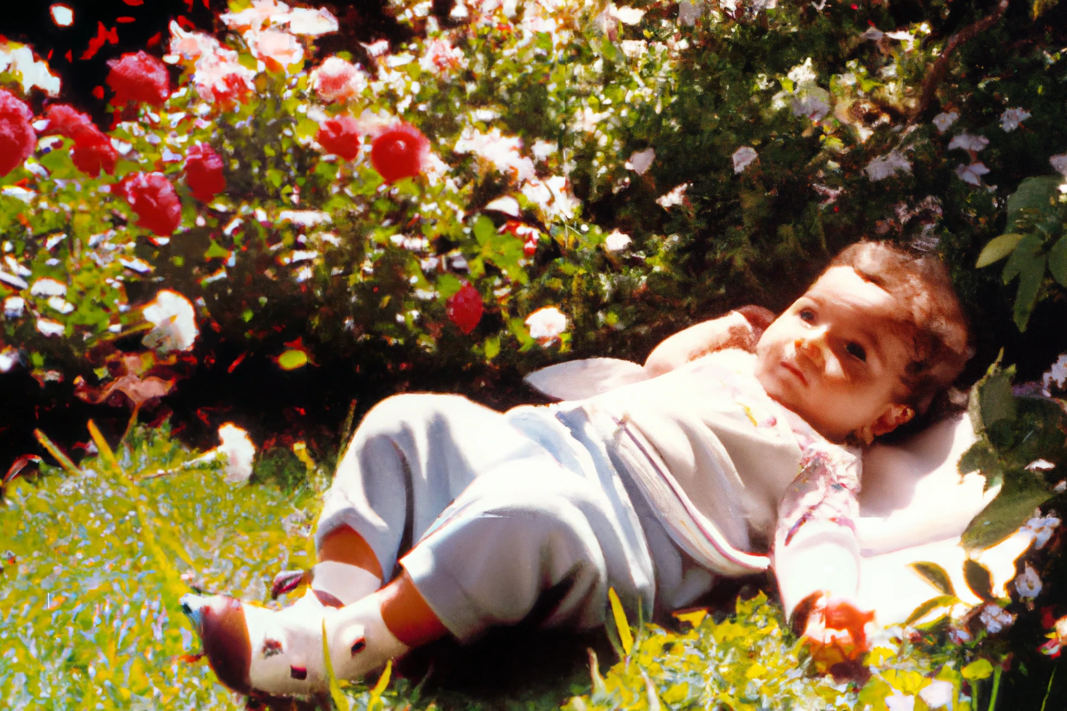 DALL·E 2023-04-23 23.04.57 - a baby laying in a sunlight, blooming garden, greece 1990.png