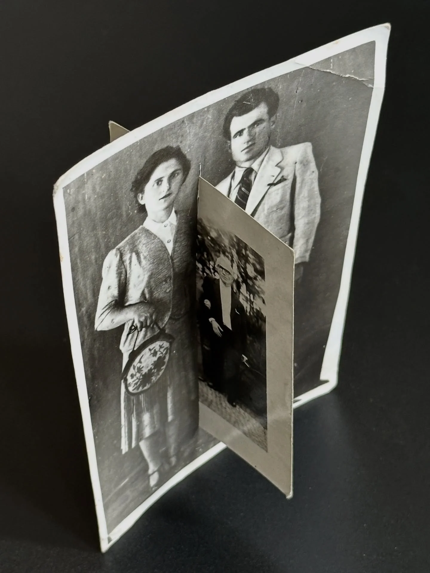 Some more thoughts about the formation of self in coexistence with others.

&ldquo;First photo, last photo &rdquo; , 2026,  15cm x 10cm x 7cm
Original images of husband and wife from a found archive, assembled together ( their first photo at engageme