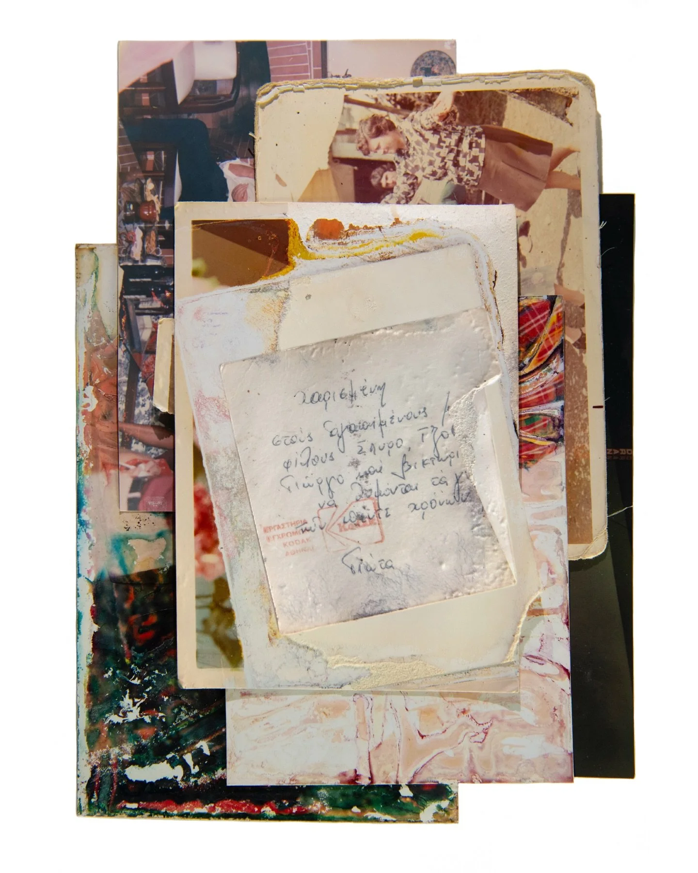 Working with a found family archive while having lost my own has been a revealing experience for me. In this archive there were many images where time, chemistry and the far-from-ideal  storage conditions have done their magic and the original photos