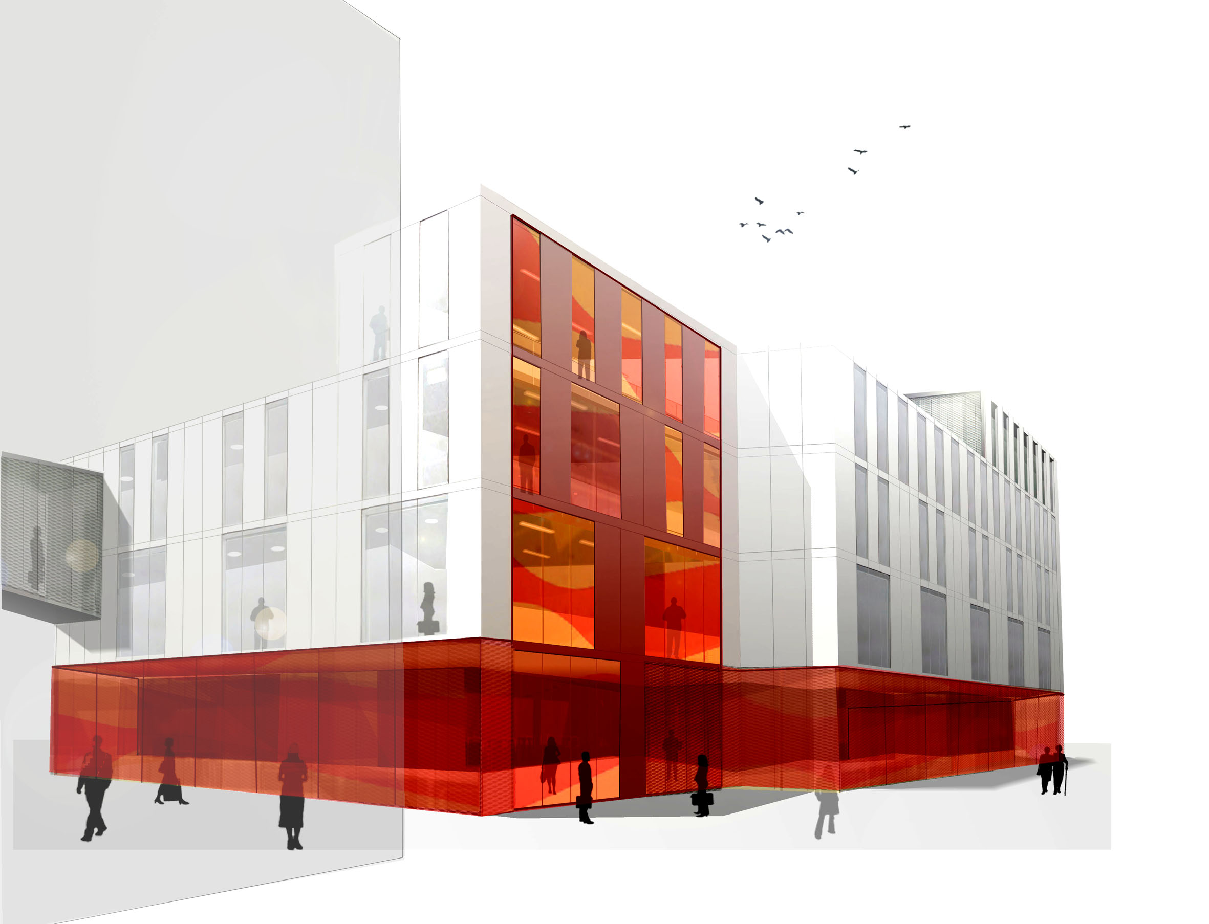 Strict urban planning conditions in this plot defined a preconceived building, and the intervention had a place within a maximum volume at which get in with skill, a huge inherited gown to make any adjustments or retouching to fit our body. Between the two buildings there is an entrance with setback in the new street which separates them to capture and put in the public plane of the Galo Ponte and Coso Streets, and rises strongly, showing this new presence, raising a light and vivid plinth as a facade, which -at ground level- surrounds all the plot showing the interior of the building in a clear way, again. A plinth which being similar to the current decorated with green and white glazed ceramic surrounding the outside of the courtyard in the High Court of Justice, will become a public and a collective image.