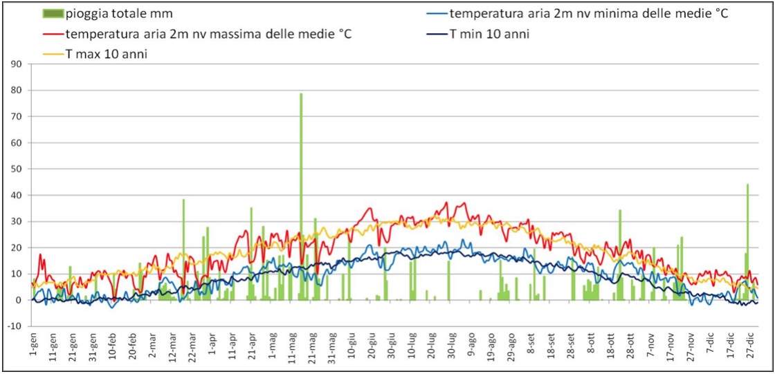 Il grafico rappresenta l’andamento di pioggia e temperatura nell’annata 2013, a confronto con le temperature medie degli ultimi dieci anni.