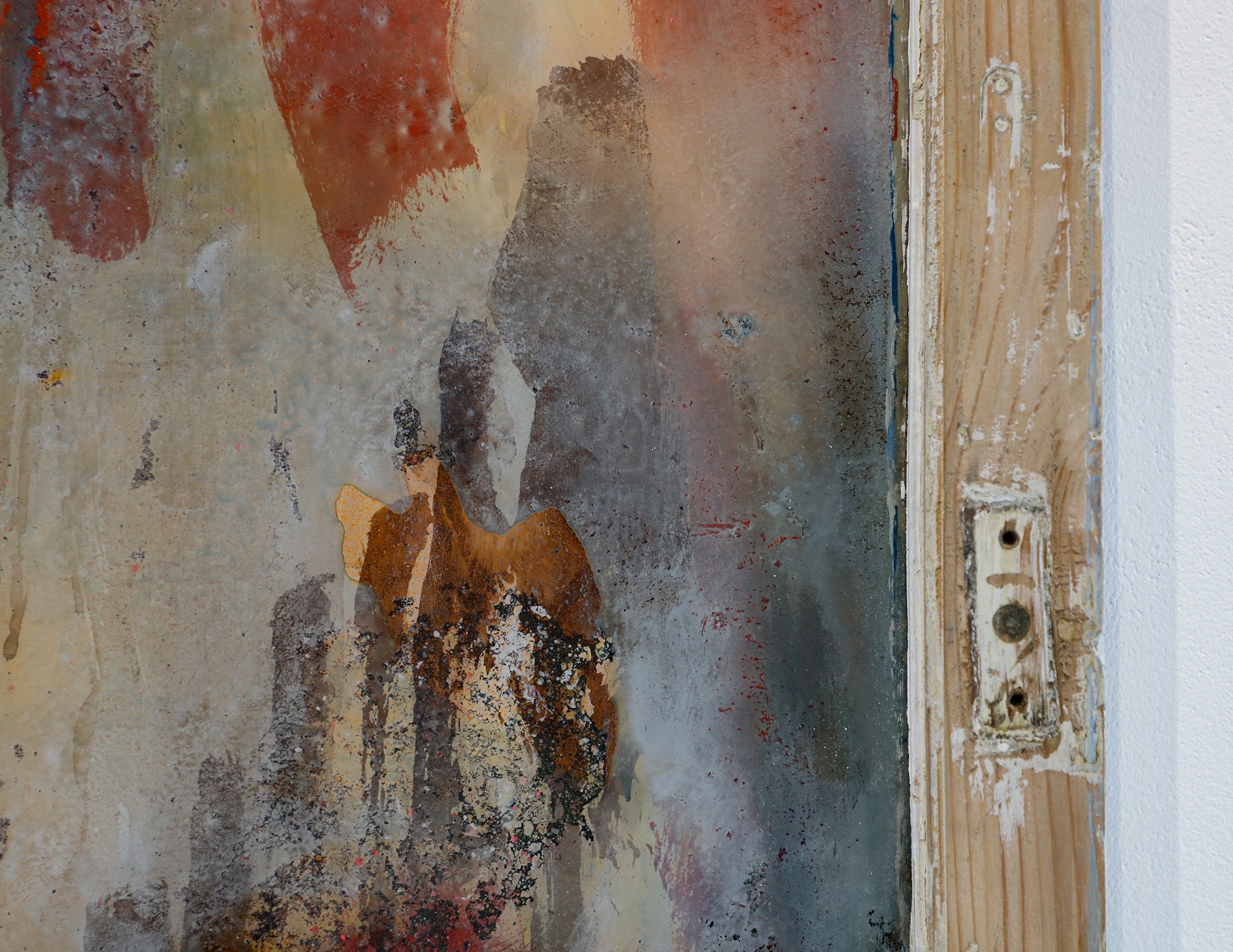 Jo Dennis, detail of Into the light, 2021, acrylic, oil and spray paint on found object, glass and wood, 89 x 66 cm (framed).jpg