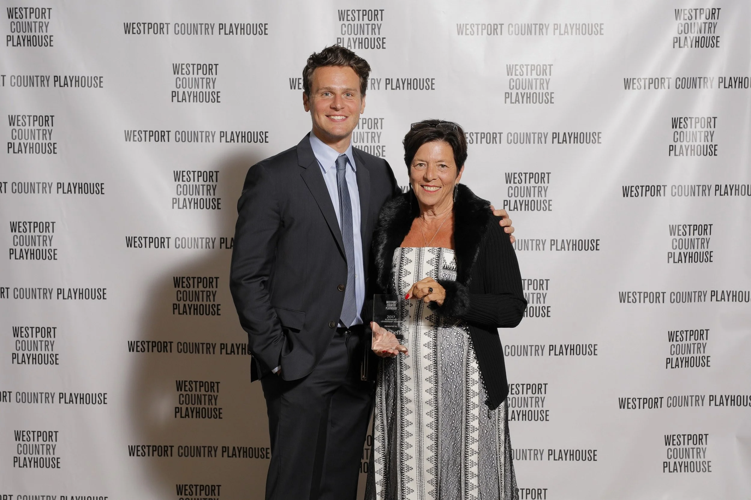 Ann Sheffer (right) of Westport receives the 2017 Westport Country Playhouse Leadership Award from Barbara K. Streicker, chair of the Playhouse board of trustees, at the historic theater’s 2017 Gala.