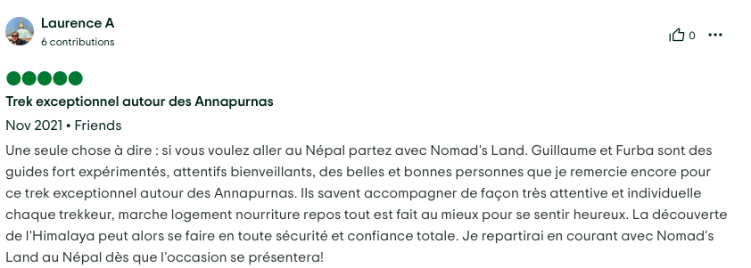 avis Tripadvisor du trek du camp de base de l'annapurna