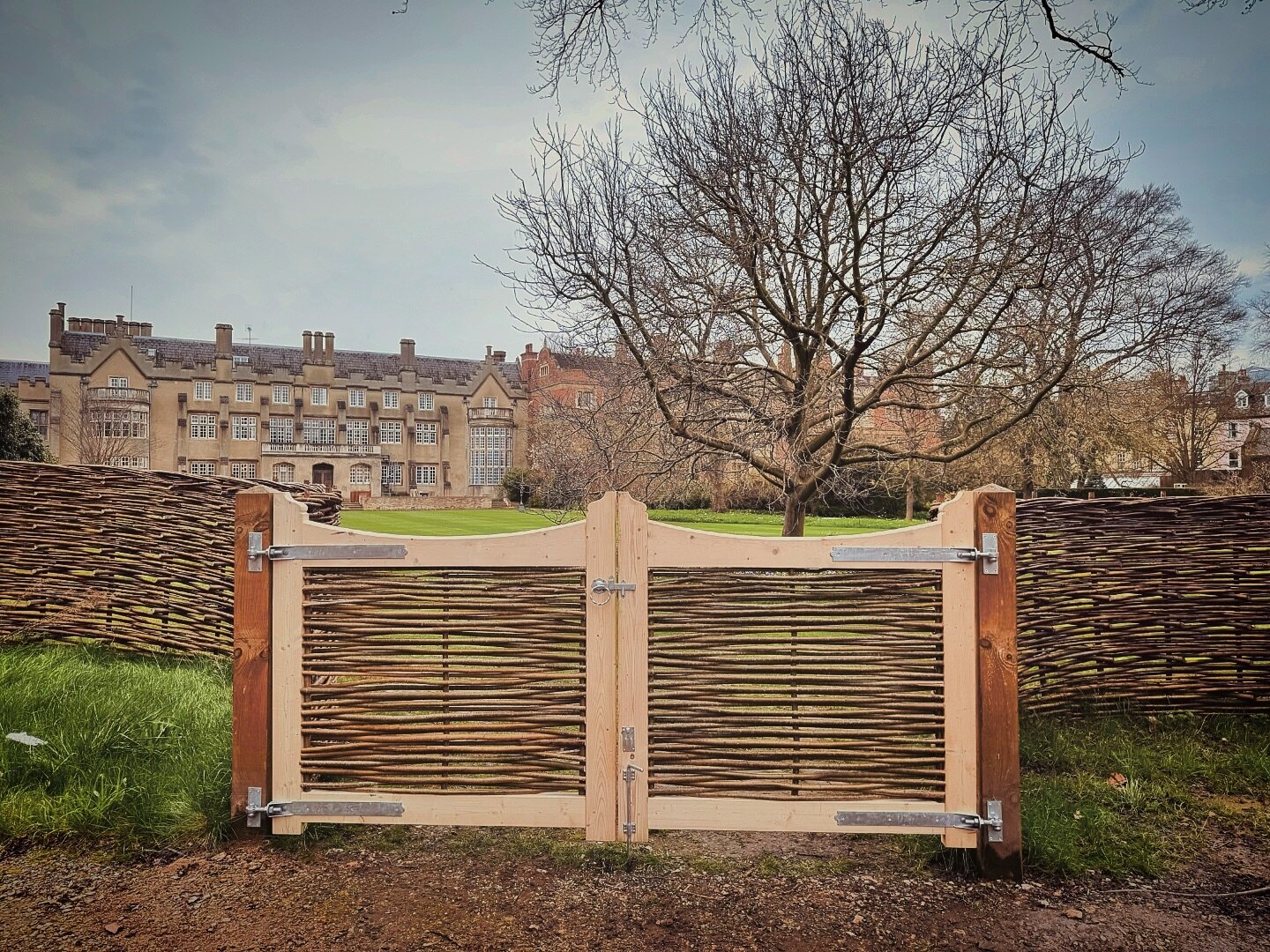 Ornate gates installed in the historic grounds @cambridgeuniversity #sydneysussexcollege 
It is great that they are supporting local crafts and materials.
&bull;
&bull;
#wonderwoodwillow #wovenfencing #willow #garden #design #welcomehome #oxford #cam