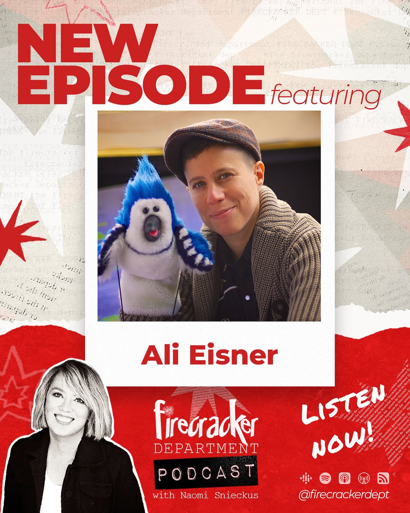 This week on the Firecracker Podcast, Naomi sits down with the wildly talented Ali J Eisner &mdash; award-winning puppeteer, writer, director, and musician. 

Their incredible credits include Fraggle Rock: Back to the Rock, Supernatural Academy, Lido