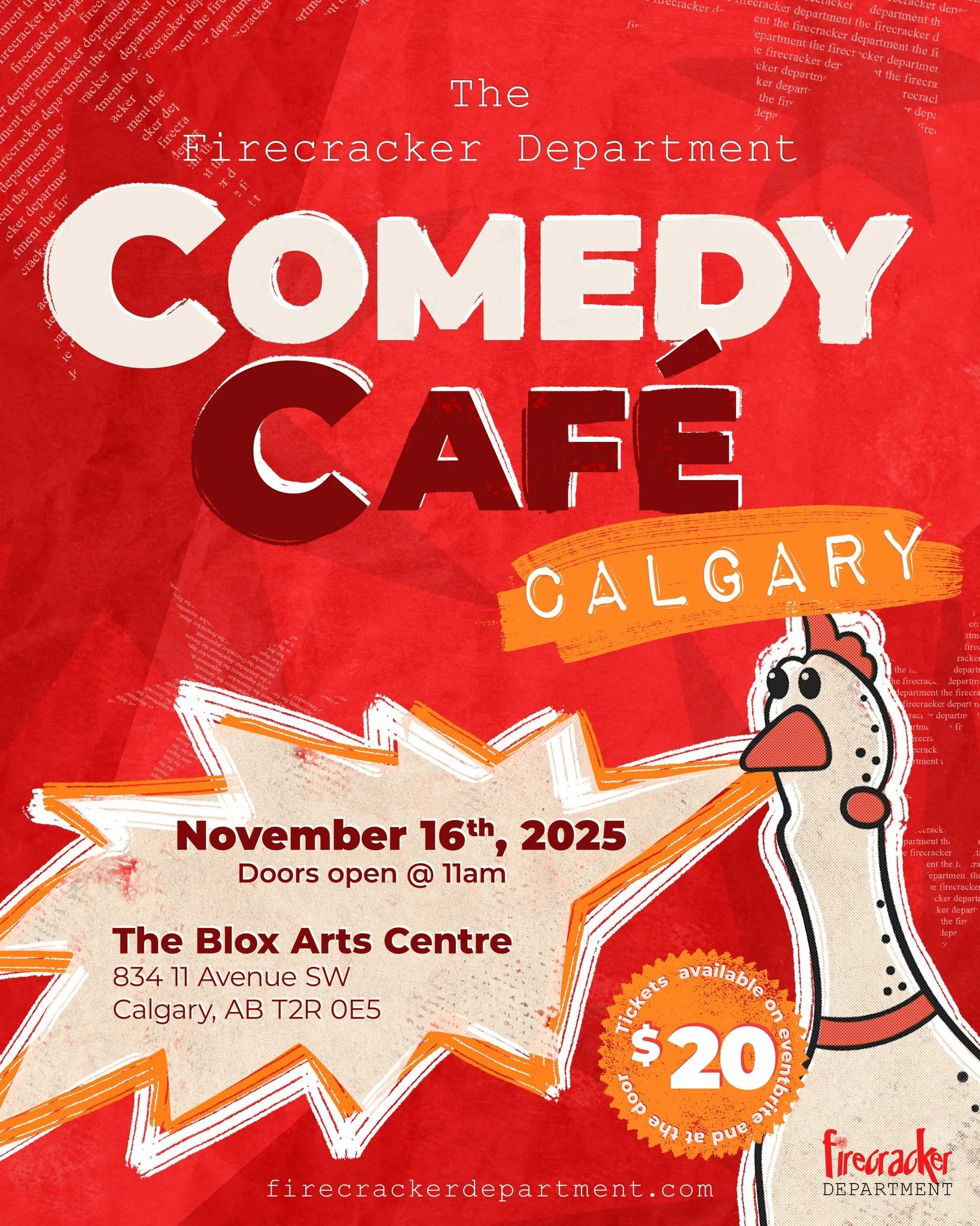 🔥 Calgary, new month, more laughs! 🔥
The Firecracker Comedy Café returns to BLOX Arts Centre November 16th — doors open at 11am.
We’re serving up bold stand-up, ridiculous improv, and musical mayhem from some of Calgary’s
