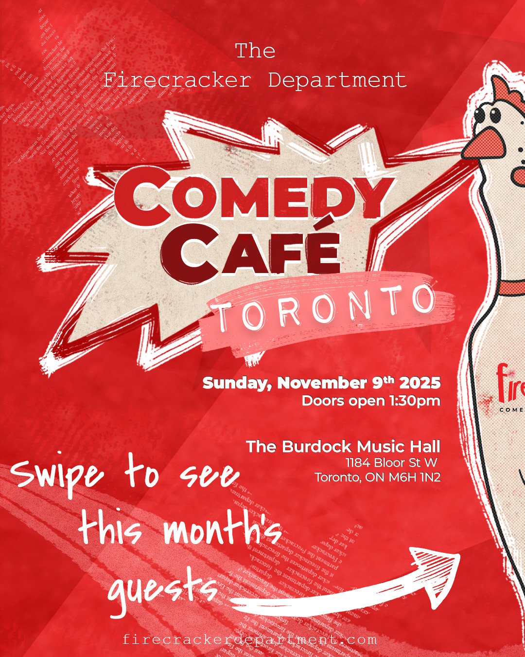 Toronto, it&rsquo;s almost showtime! 🎤

Firecracker Comedy Caf&eacute; is back this Sunday, November 9 at Burdock Music Hall, and this lineup is too good to miss.

Your hosts Steph McLarty and Christel Bartelse are bringing the fire with a crew of T