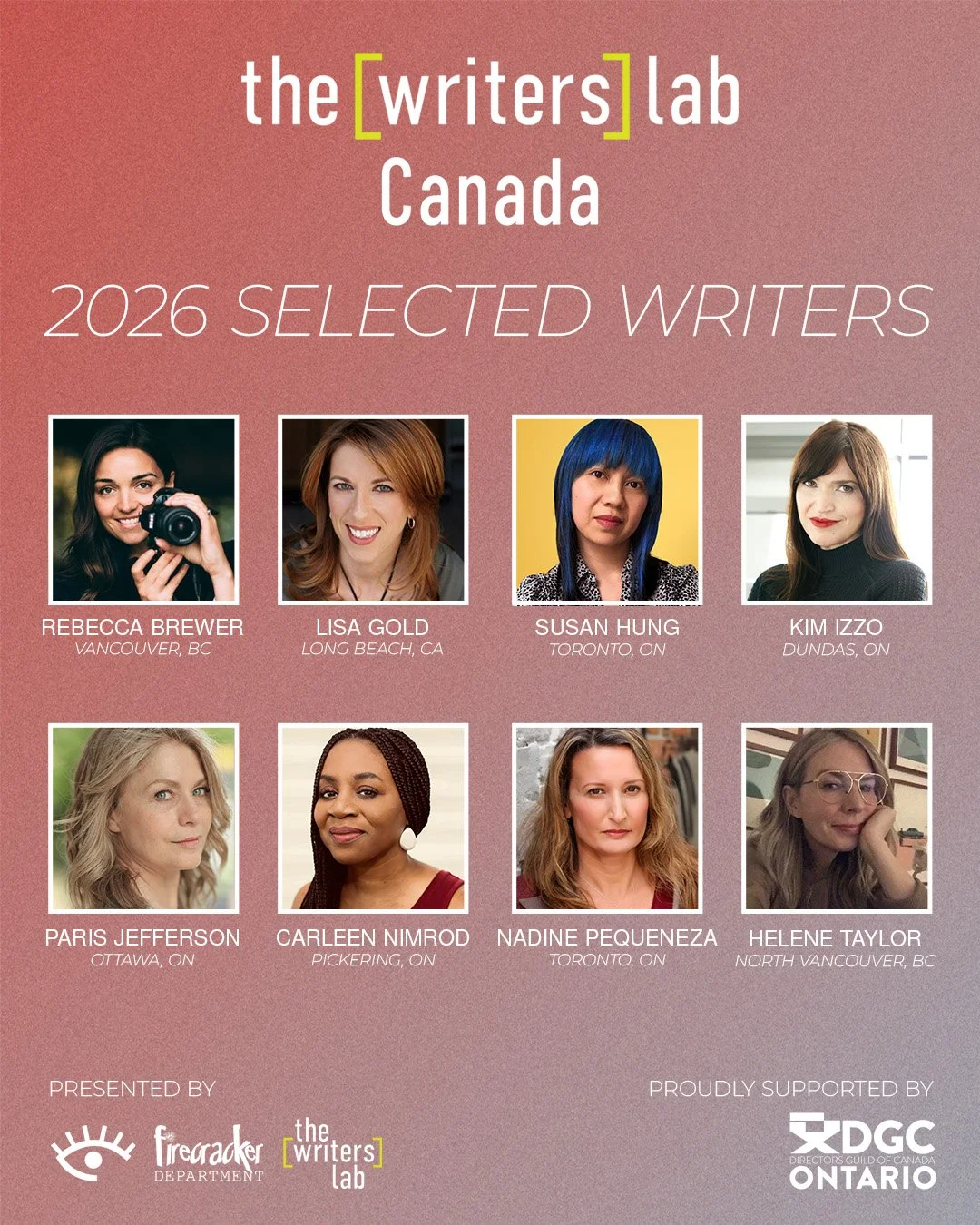 🔥 Meet The Writers Lab CANADA 2026 participants! 🔥

We&rsquo;re proud to announce this year&rsquo;s eight remarkable screenwriters &mdash; women and non-binary creators over 40 whose stories span genres and generations, exploring identity, resilien