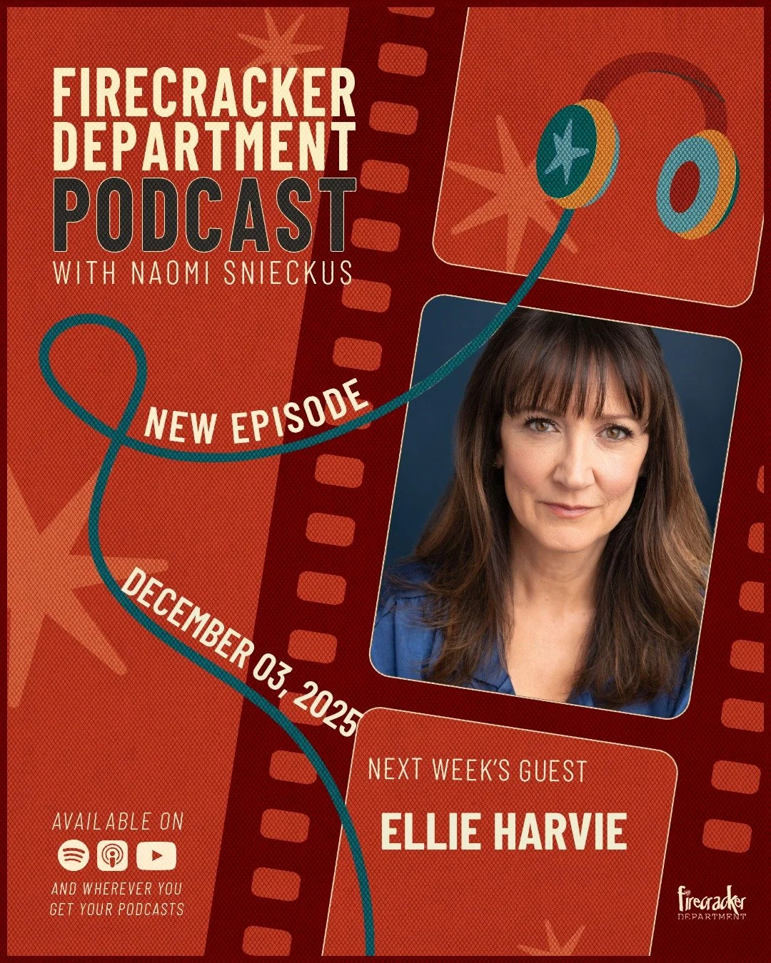 MARK YOUR CALENDARS 🗓️🔥

December 3rd. Ellie Harvie. Firecracker Department.

That's right &mdash; the iconic Ellie Harvie (Morticia Addams, Dr. Lindsey Novak, Candace Wheeler) is coming to the pod and we CAN'T contain ourselves.

Comedy. Drama. Vo