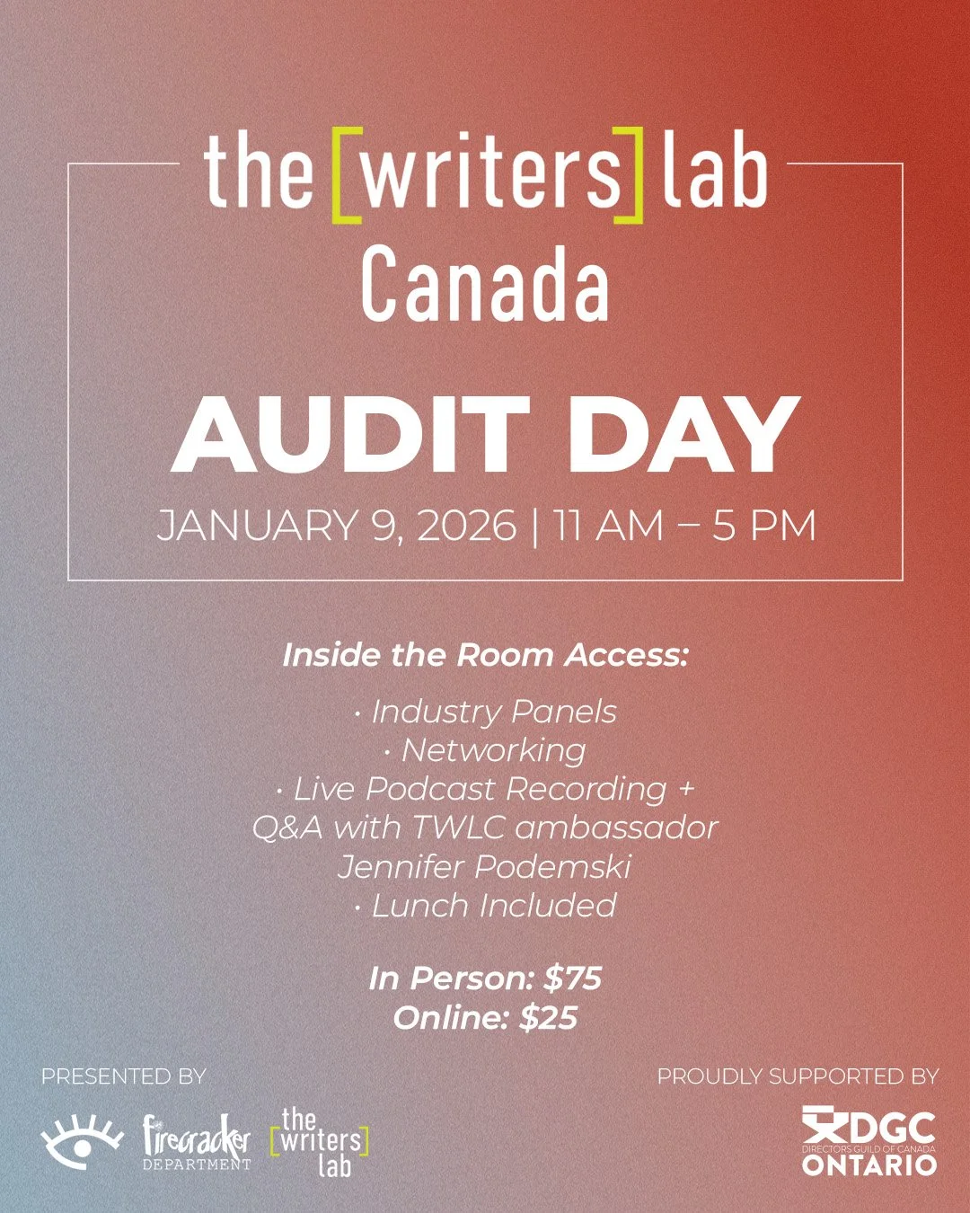 🔥 Step inside the room. Audit Day at The Writers Lab Canada is here! 🔥

For one day only, we&rsquo;re opening the doors to our 2026 Lab so you can experience TWLC&rsquo;s signature script-development process live &mdash; guided by TWL co-founders N
