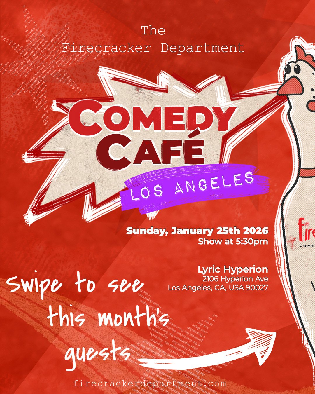 Los Angeles, Comedy Caf&eacute; hits the legendary Lyric Hyperion tomorrow, and this lineup is not messing around.

We&rsquo;ve got a wild mix of stand-up, sketch, improv, clown, and beautifully unpredictable comedy from performers you&rsquo;ve seen 
