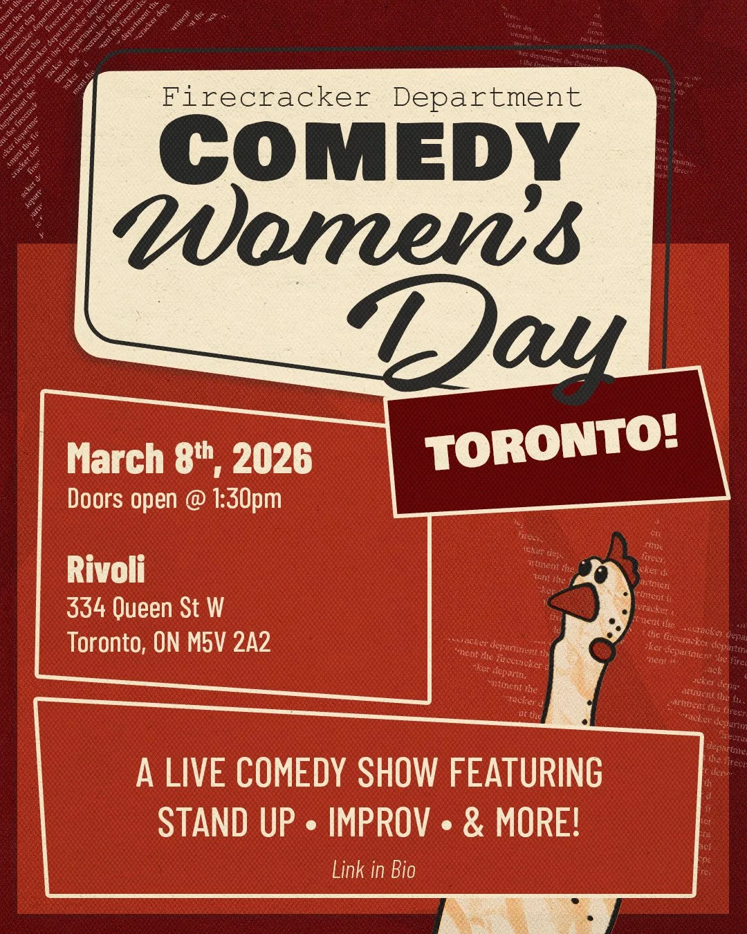 Toronto, let&rsquo;s celebrate International Women&rsquo;s Day together. 💥

Join us for a special Women&rsquo;s Day Comedy Caf&eacute; hosted by the brilliant @cbartelse , bringing her signature wit and warmth to an afternoon of big laughs and even 