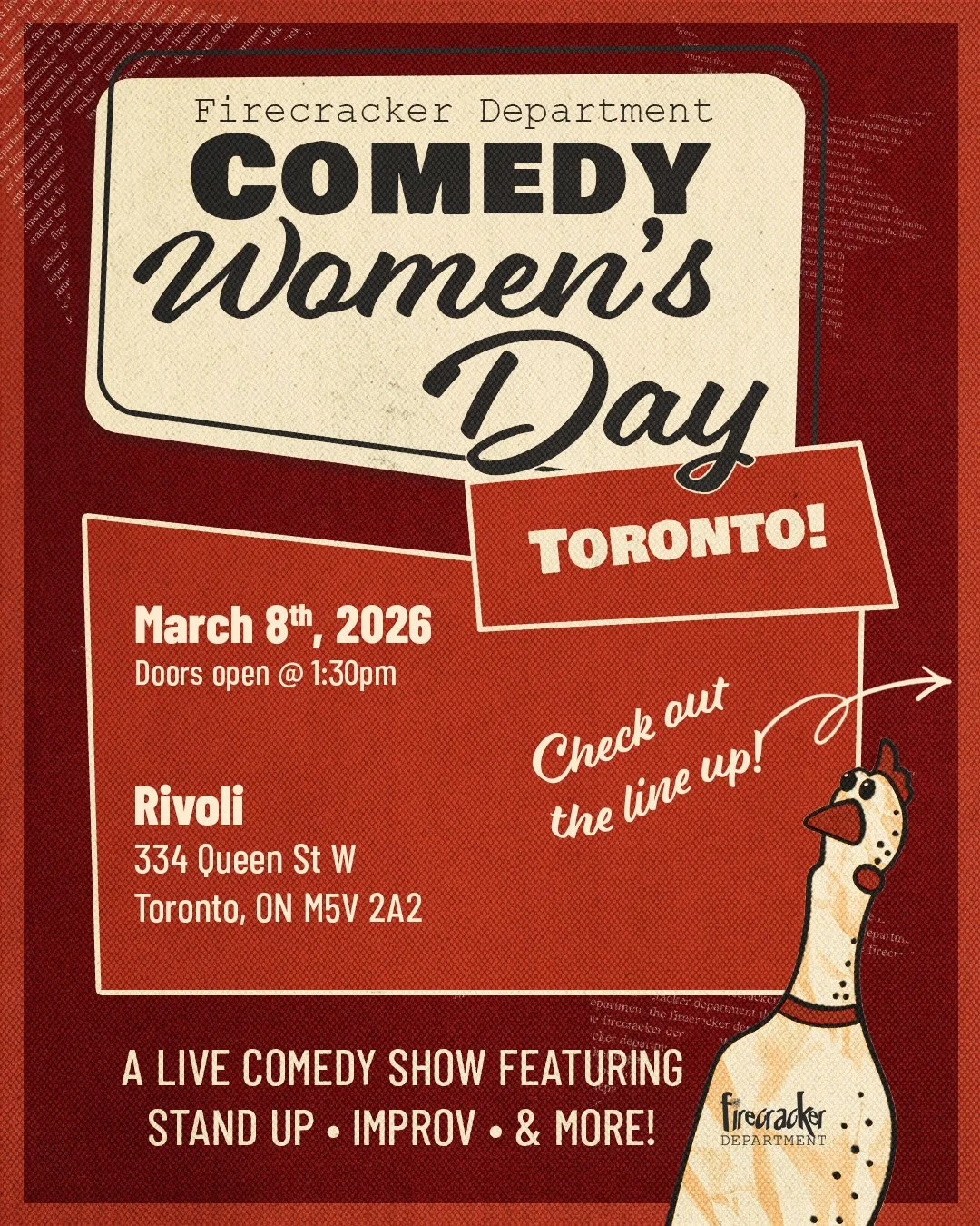 Toronto, our Women's Day Comedy is TOMORROW and there are just a few tickets left!! Get em before they are gone and come see this amazing line up LIVE!

You&rsquo;ll see Paloma Nu&ntilde;ez, with film and TV credits ranging from the Oscar-winning Spo