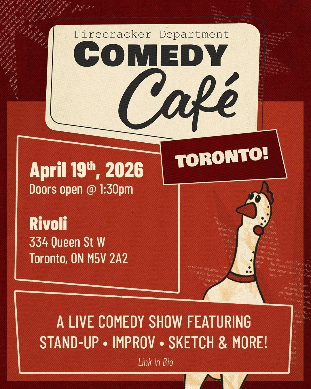 Toronto, future you has a great afternoon planned.

April 19th at The Rivoli, we&rsquo;re back with another Firecracker Comedy Caf&eacute;. Think good food, great drinks, and a room full of very funny people.

Come early, grab a table, and settle in 