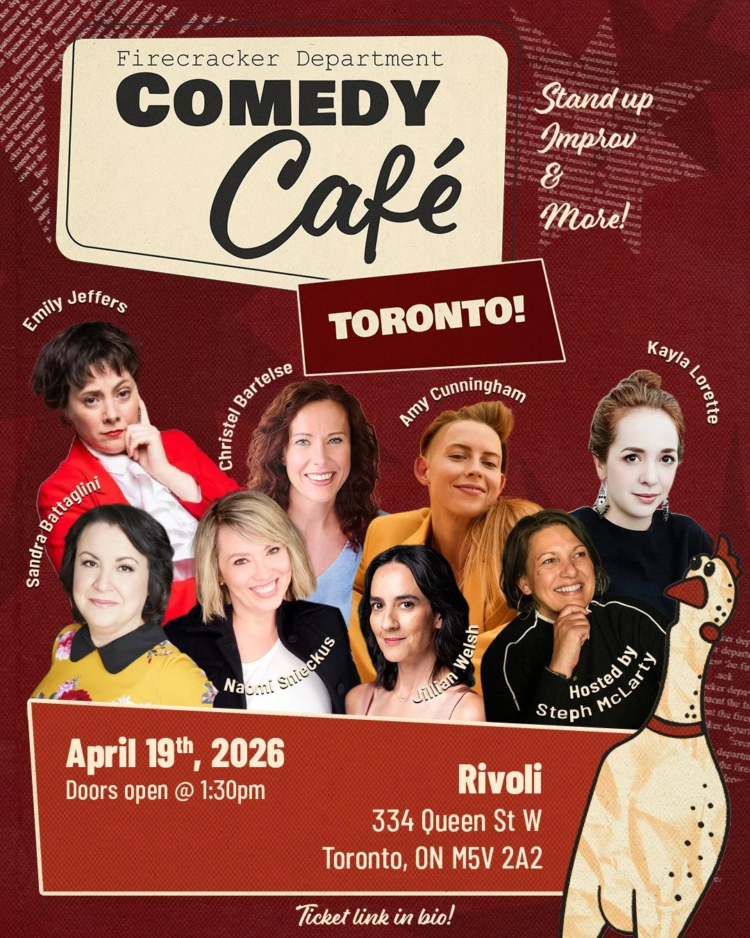 It's officially the long weekend and we know you are loooonging for some more Firecracker laughs! Join us April 19th for another stacked Comedy Cafe in Toronto!

Steph McLarty will be hosting a killer group. We've got Amy Cunningham, Christel Bartels