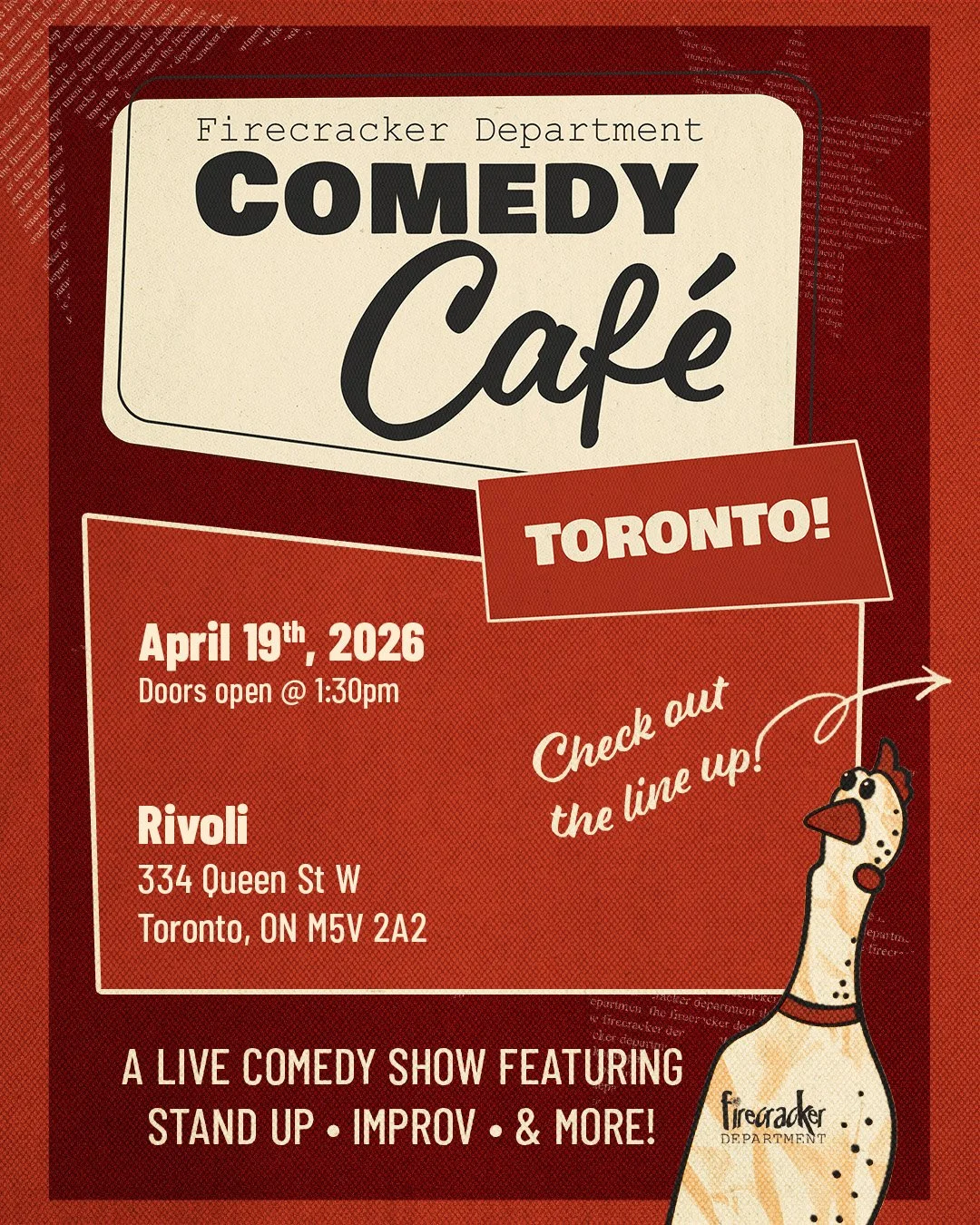 Lunch and a laugh this Sunday!

Firecracker Comedy Caf&eacute; is back April 19 at 2PM at the Rivoli and this lineup is stacked with some of the sharpest, strangest, and most delightful minds in comedy!

Emily Jeffers &mdash; absurd clown energy trai