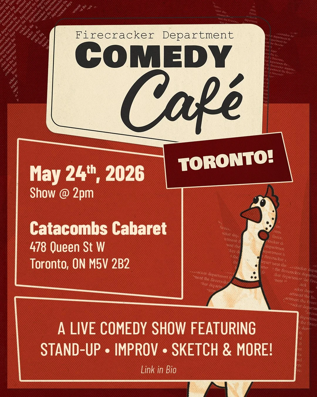 Comedy Caf&eacute; has entered its (Catacombs) cabaret era!

Join us May 24th at 2PM at Catacombs Cabaret for an afternoon of stand-up, storytelling, sketch, improv, and the particular kind of chaos that happens when a room full of funny women get to