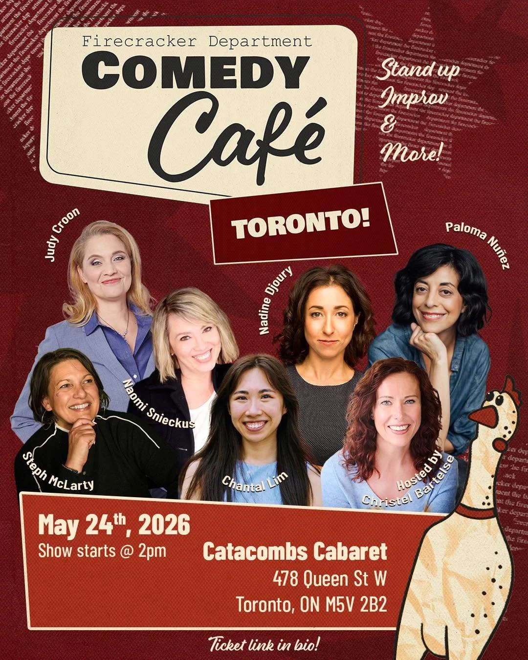 Toronto! Are you ready for a good time?? 

Join us this Sunday, May 24th, at Catacombs Cabaret for another killer comedy cafe!! 

@cbartelse
@funnystephmclarty 
@snieckus 
@lim.chantal 
@nadined 
@judycroon 
@thepalomanunez 

Tickets at the link in o