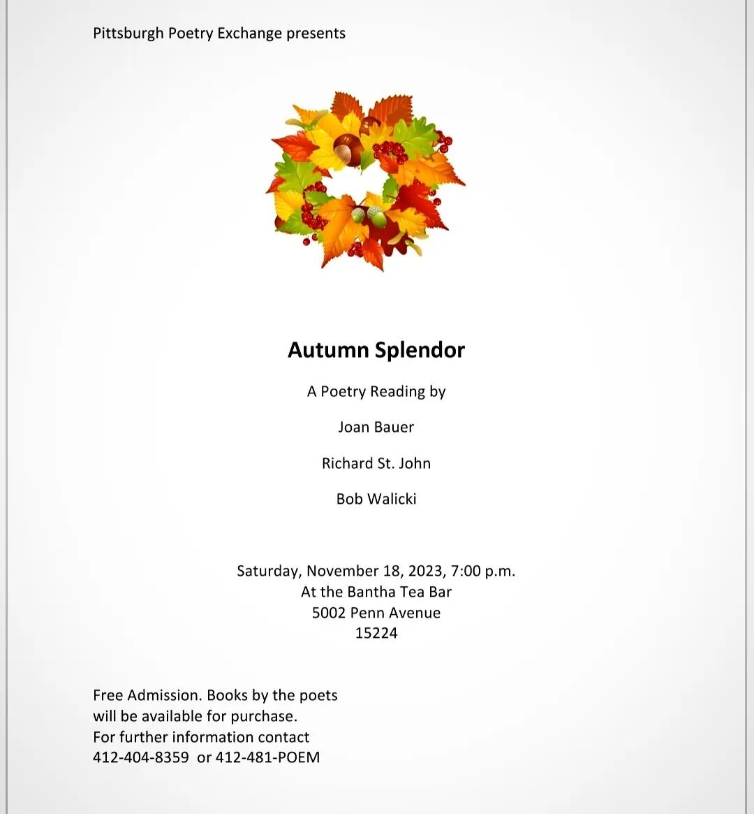 Autumn Splendor!! Poetry reading on Saturday, the 18th of November 🍂🍁 Free Admission, starting at 7PM

#vegan #glutenfree #banthateabar #teabar #pghbusiness #pittsburghbusiness #shoplocal
#pghtea #pghcoffee #pittsburghcoffee #ecofriendly #reuseable