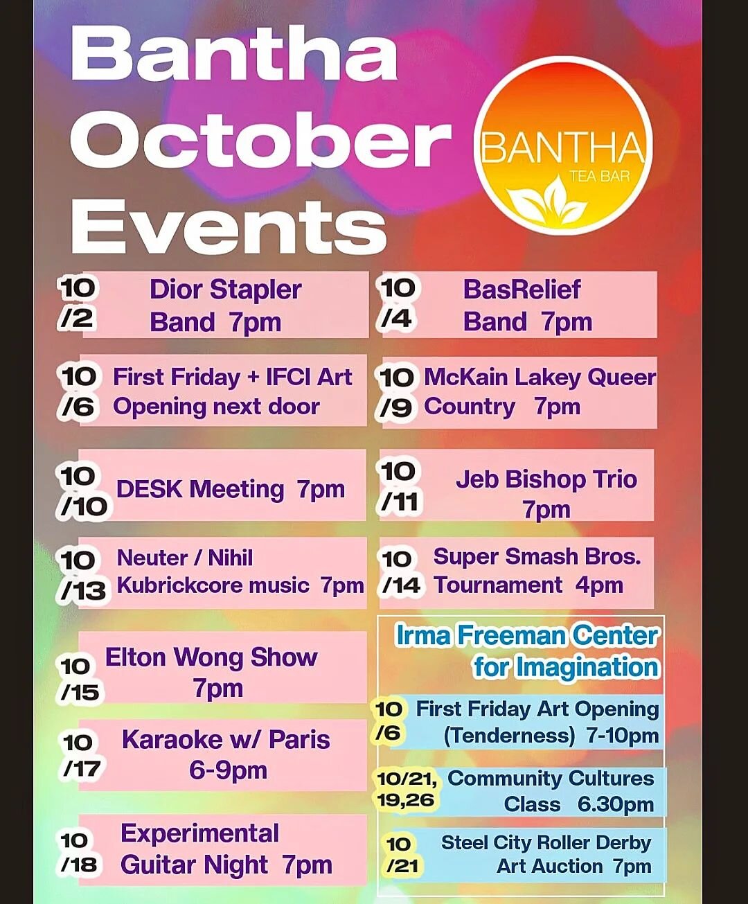 OCTOBER EVENTS AT BANTHA! 

#vegan #glutenfree #banthateabar #teabar #pghbusiness #pittsburghbusiness #shoplocal
#pghtea #pghcoffee #pittsburghcoffee #ecofriendly #reuseable #teasandtinctures #supportlocalbusiness
#supportlocalartists #drinkwellbewel
