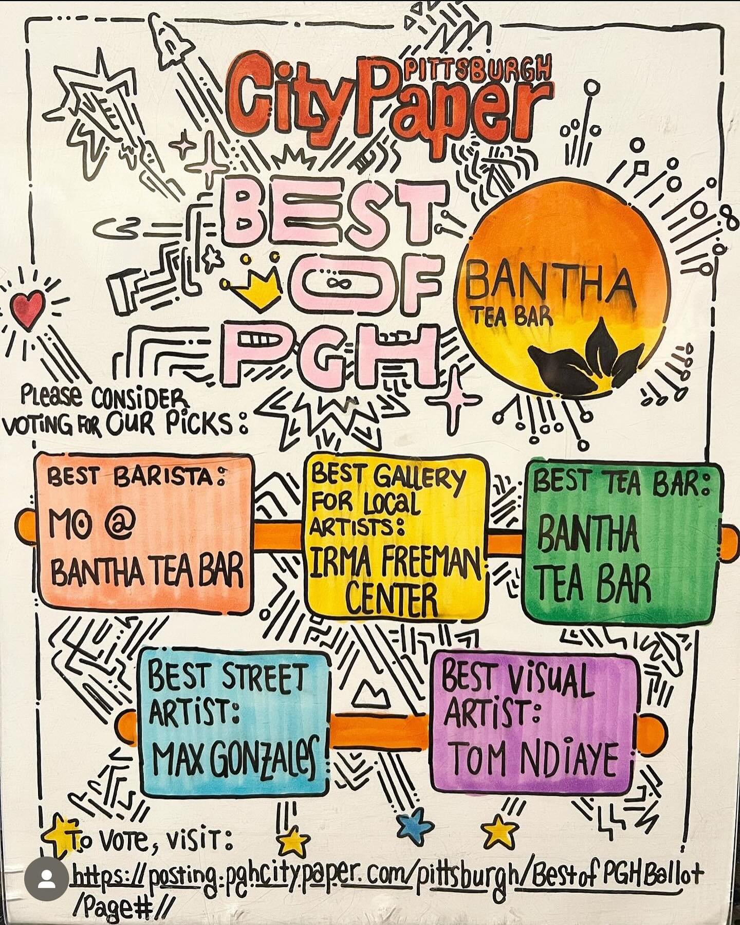 It&rsquo;s time to vote again! 🥳

Bantha Tea Bar - best tea shop
Morinda - best barista 
Irma Freeman - best gallery for local artists 
Max Gonzales - best street artist
Tom Ndiaye - visual artist 

You can vote once per day until August 9th. Link i