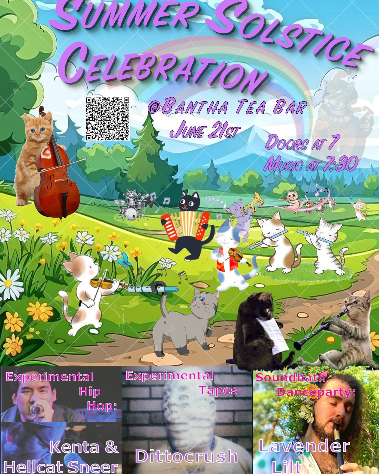 🌸 Summer Solstice Celebration 🌸 will be this Saturday, June 21st! Doors at 7pm, music at 7:30! ☀️ 🐈 🐈&zwj;⬛ 
.
Experimental hip hop by @reticenthiphop and @hellcat_sneer, experimental tapes by @dittocrushmusic, and sound bath dance party by @lave