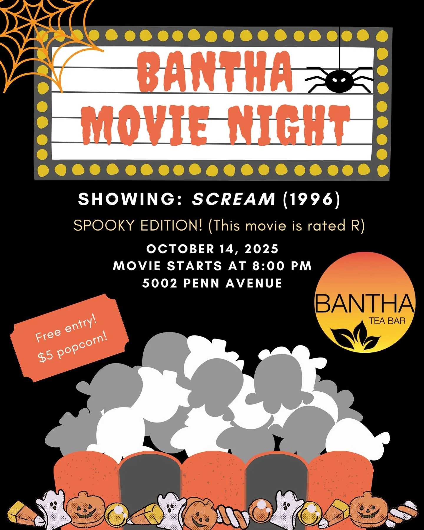 Bantha Halloween Movie Night Tomorrow, Oct. 14! 😱Free entry, $5 popcorn 🍿👻