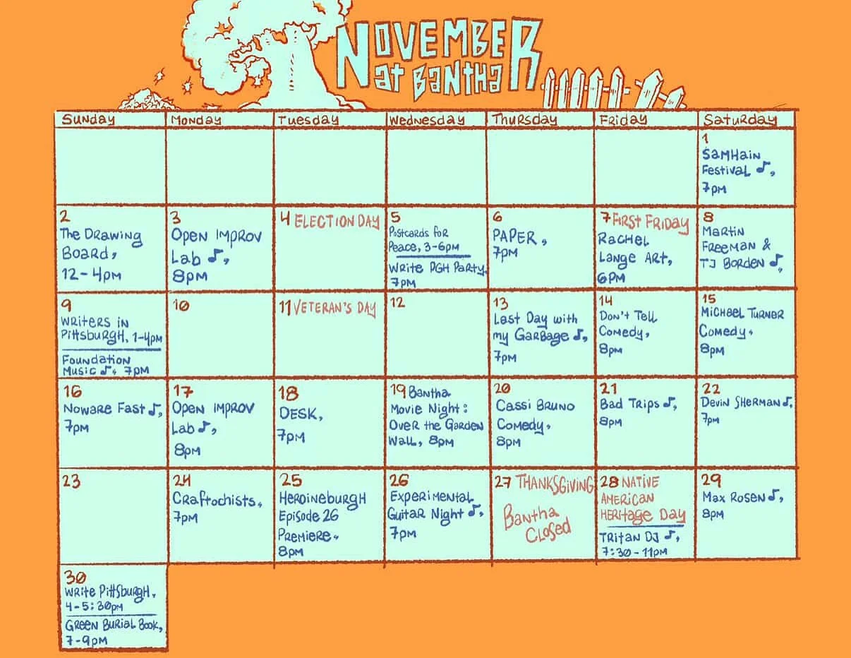 🍁 The November Events Calendar is here! 🍁 New month - new music, clubs, comedy nights, and more to enjoy 😊 

As always, Bantha will be open and serving drinks the entire time (you can come in and get a drink even if you are not attending an event)