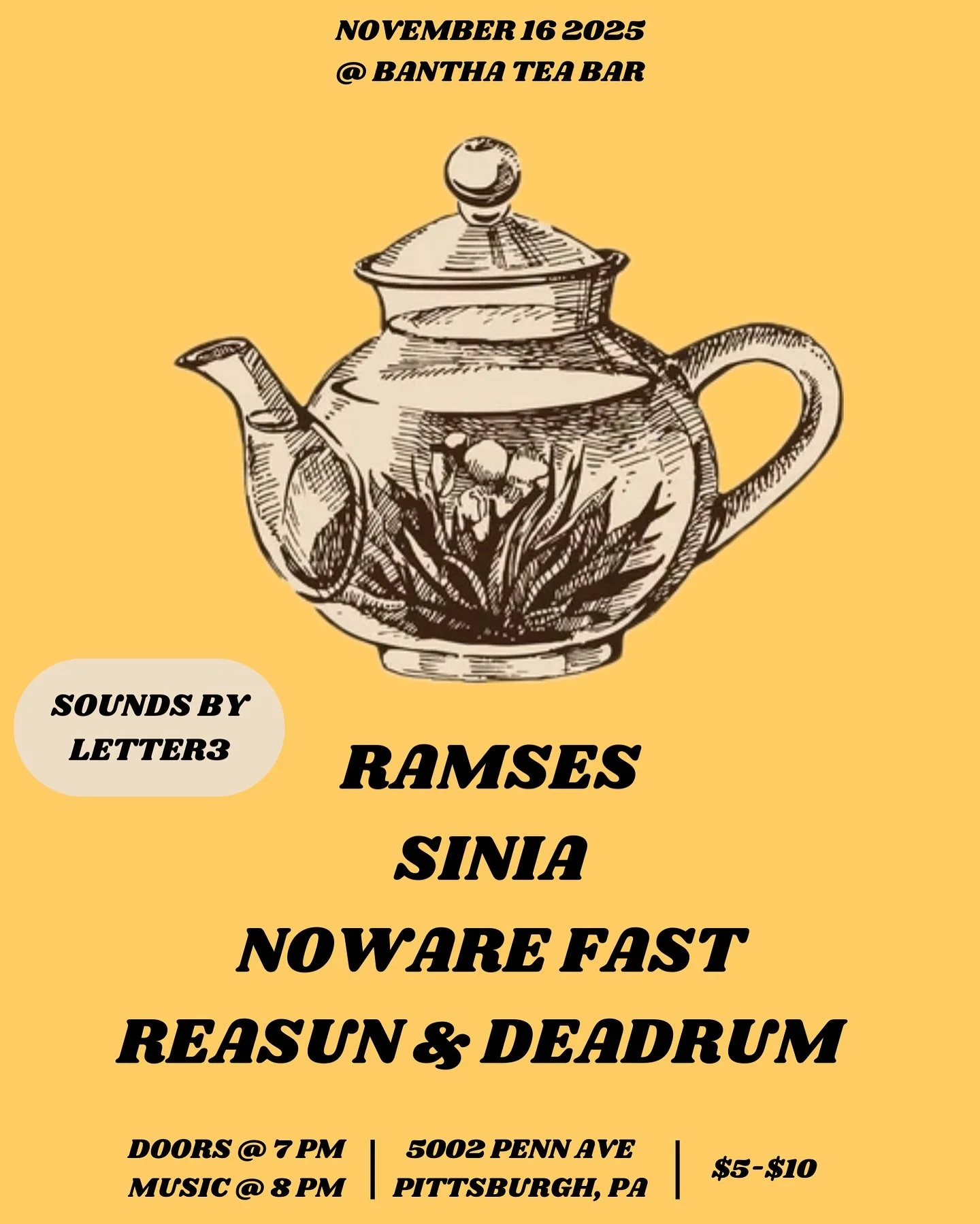 SUNDAY - Nov 16 Music by @nowarefast, @rvmses412, Sinia, @reasun_pgh &amp; Deaddrum

🚪 Doors 7pm, 🎶 8pm start 
🎟️ $5-10

Song: Rare Air by @nowarefast