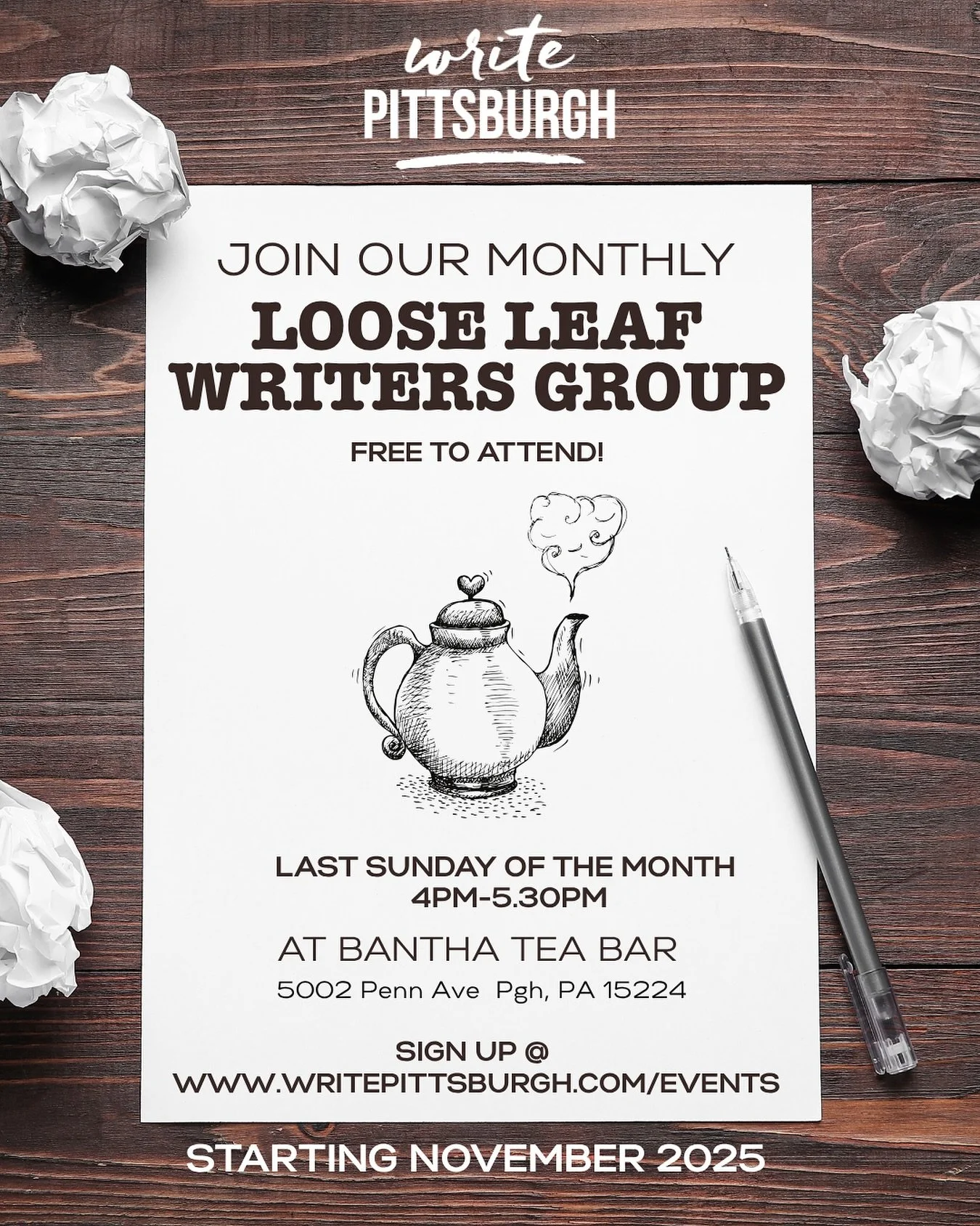 📝📖 Loose Leaf Writers Group 📖📝 First Meeting Nov 30th, 4-5:30 at Bantha Tea Bar (event by @writepittsburgh)

Link in our bio to register 🔗 Enjoy a cozy tea while you write! ☕️ 

&ldquo;Starting in November 2025, join us on the last Sunday of eve