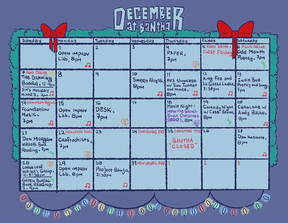 ❄️🌨️☃️December Events at Bantha! ☃️🌨️❄️ Food Drives, Dance Parties, Poetry &amp; much more! Plus a cozy place to warm up and enjoy a hot tea ☕️ 

As always, Bantha will be open and serving drinks the entire time (you can come in and get a drink eve