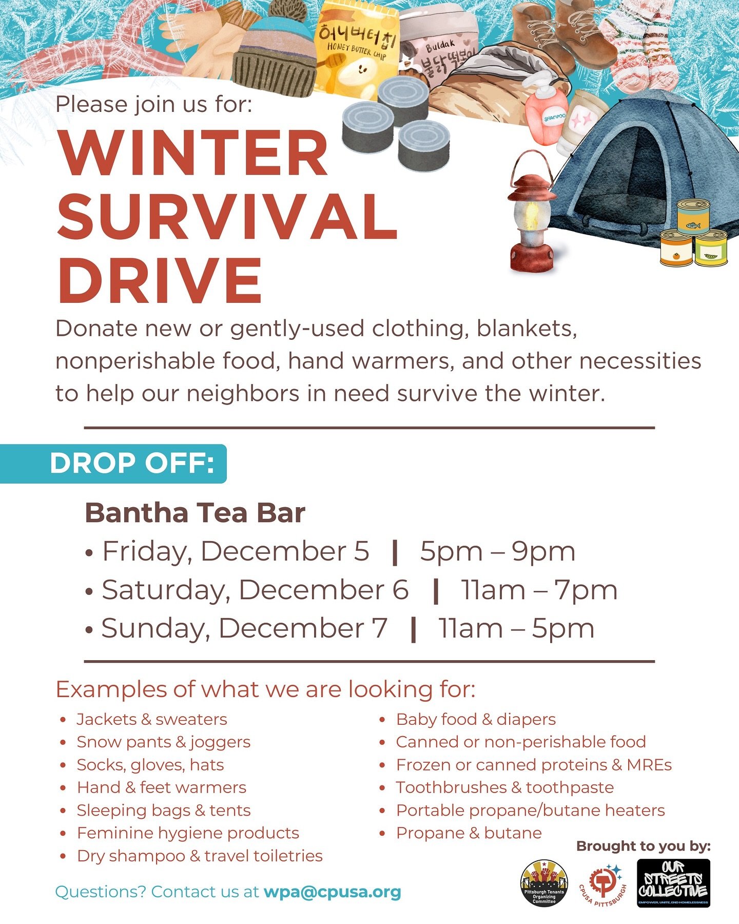 Reminder! The Winter Survival Drive by @pittsburghcpusa is coming up. Dec 5-7th, drop off any time bantha is open 🧡

Let&rsquo;s help our neighbors in need 🍱🍲🥫🧤🧣🧥