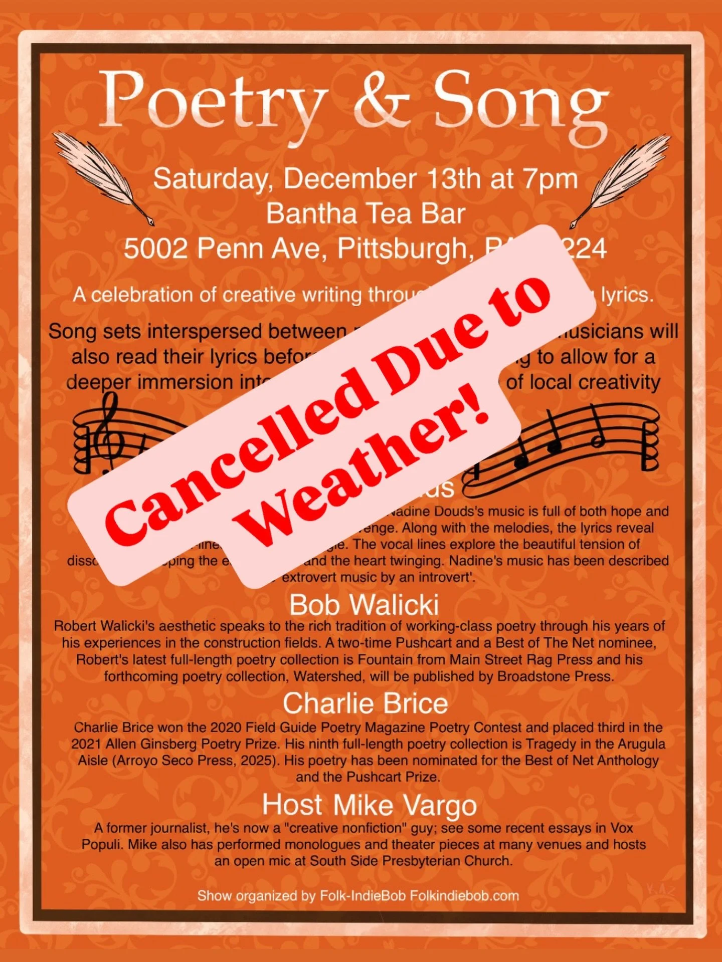 Tonight&rsquo;s event by @folkindiebob is cancelled to due weather! We will reschedule in January or February! Stay warm tonight 🧡