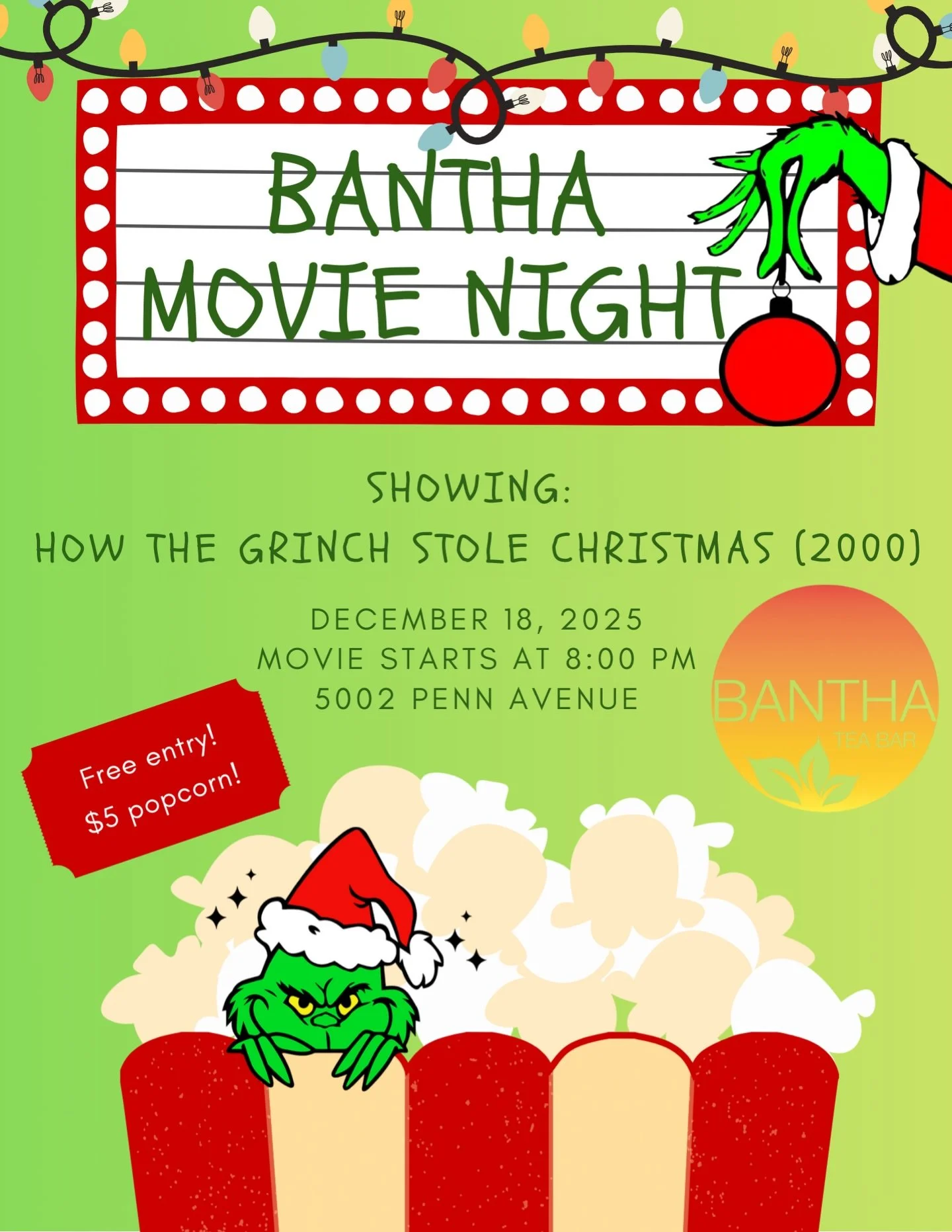 How the Grinch Stole Christmas (2000 Jim Carrey version) will be showing on our projecter on Dec. 18th for December Bantha Movie Night!!! 🎁🚫🐸💔

8 PM start, free entry, $5 popcorn, cozy teas and other drinks and snacks available at our bar! Come e