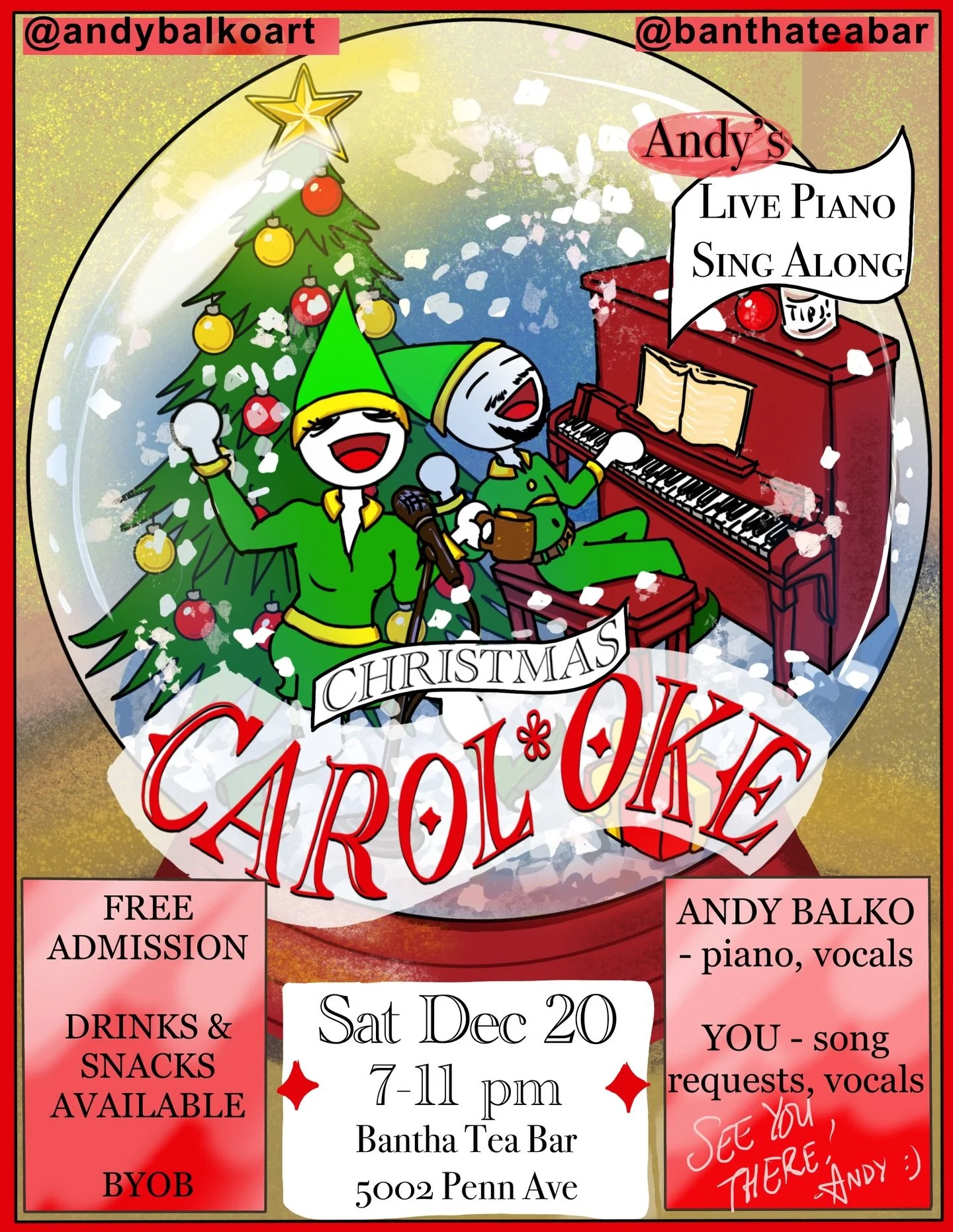 Another holiday season, another Christmas Carol-oke by @andybalkoart!🎄❄️☃️🎶🎤 December 20!

🕰️ 7-11 PM
🎟️ free admission 
🍻 byob, drinks and snacks available, bantha open and serving drinks the entire time 

You 🫵🏼 pick the song, Andy plays pi