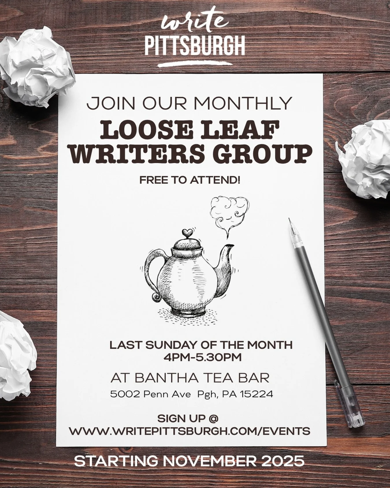 Loose Leaf Writers Group - next meeting happening Dec. 28, 4-5:30 PM 🫖✍️

Link in our bio to register! 🔗