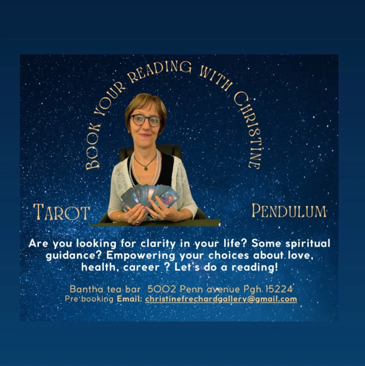 Dear Tea and Tarot lovers, 

Come celebrate the new year at Bantha with an intuitive Reading. 🎴

Every other Thursday we will have a Tarot night at Bantha from 4 to 7pm.

Christine Fr&eacute;chard will read on January 8, 2026 
Sara Sachs will read o