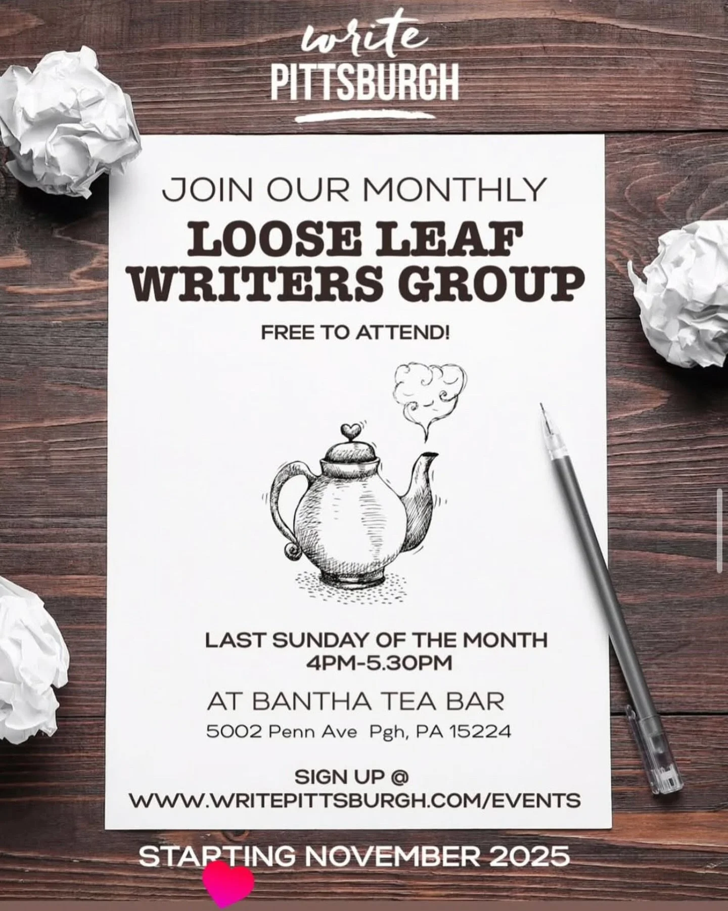 The last Sunday of the month is coming up! That means it&rsquo;s time for the next Loose Leaf Writers Group by @writepittsburgh 📄 

4-5:30 PM in our big room. Link in bio to register!

&ldquo;Whether you need a body double, community, or an accounta