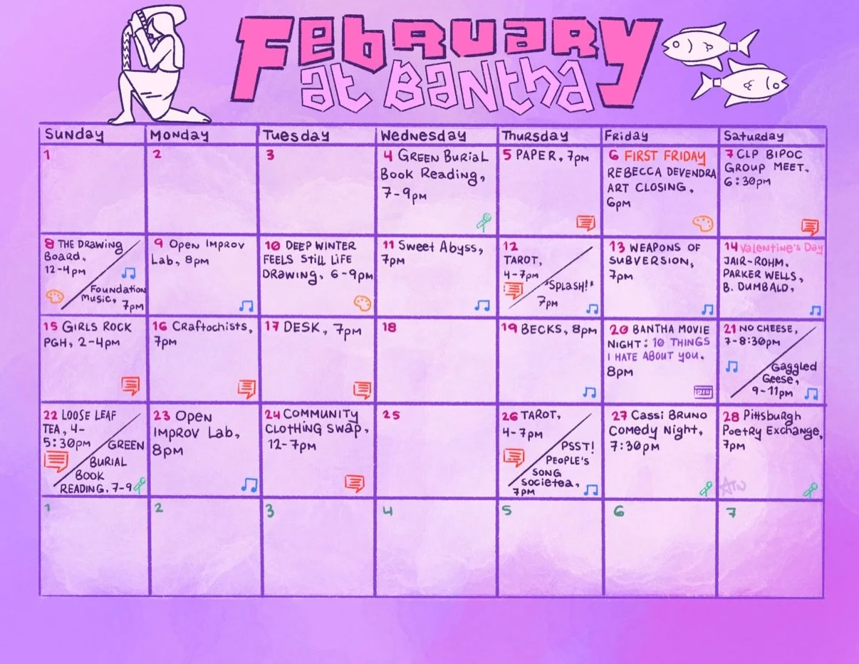 💗💕 February at Bantha 💕💗

Bantha will be open and serving drinks the entire time (you can come in and get a drink even if you are not attending an event!)

if you have an idea for an event of your own, send us a dm or email!

Calendars by @the.ep