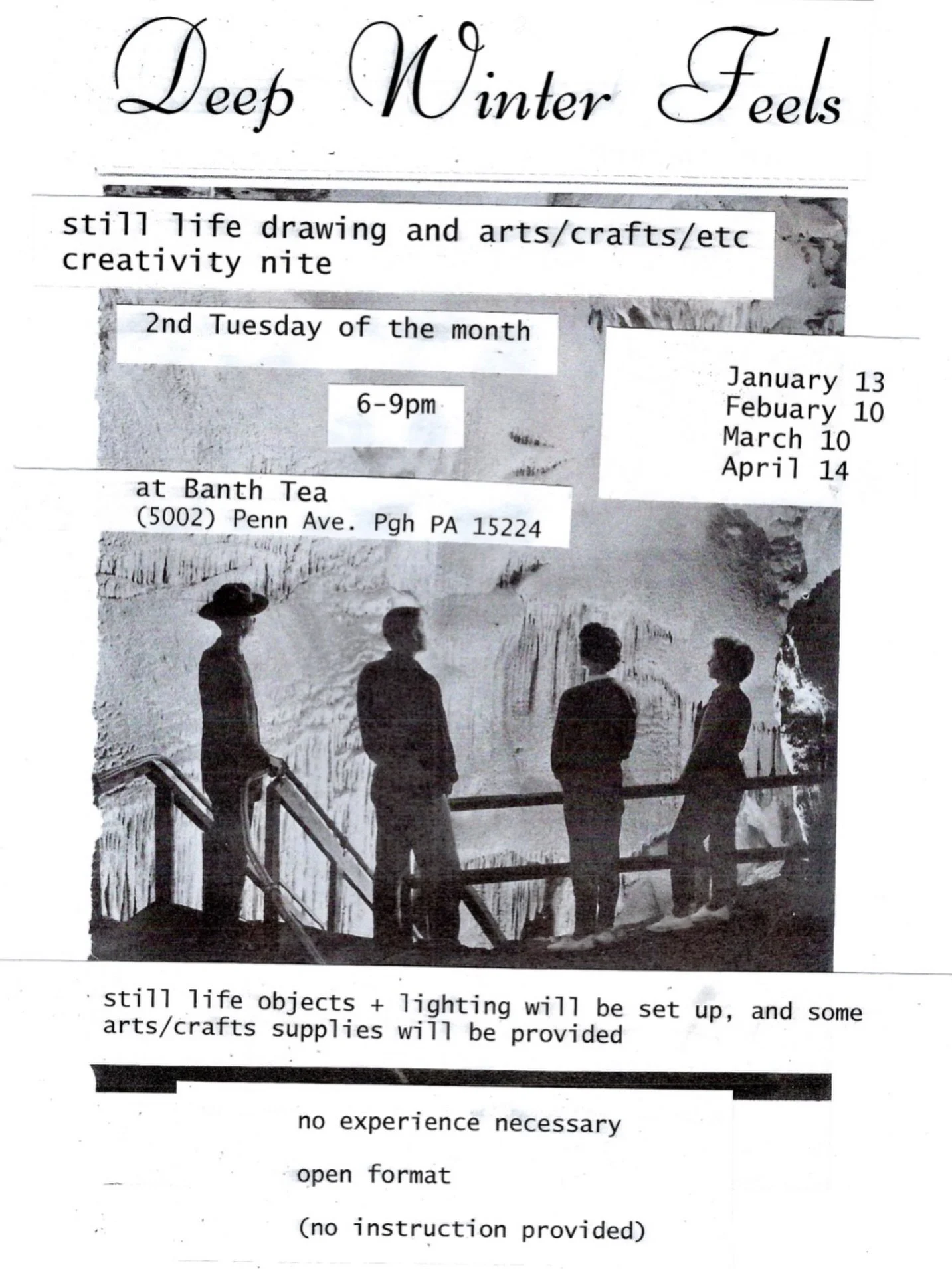 The second meeting of our still life drawing group will meet Tuesday, Feb 10th 6-9 PM

No experience necessary, open format drawing/creativity group, free entry! 

Get a drink from our bar while you draw!