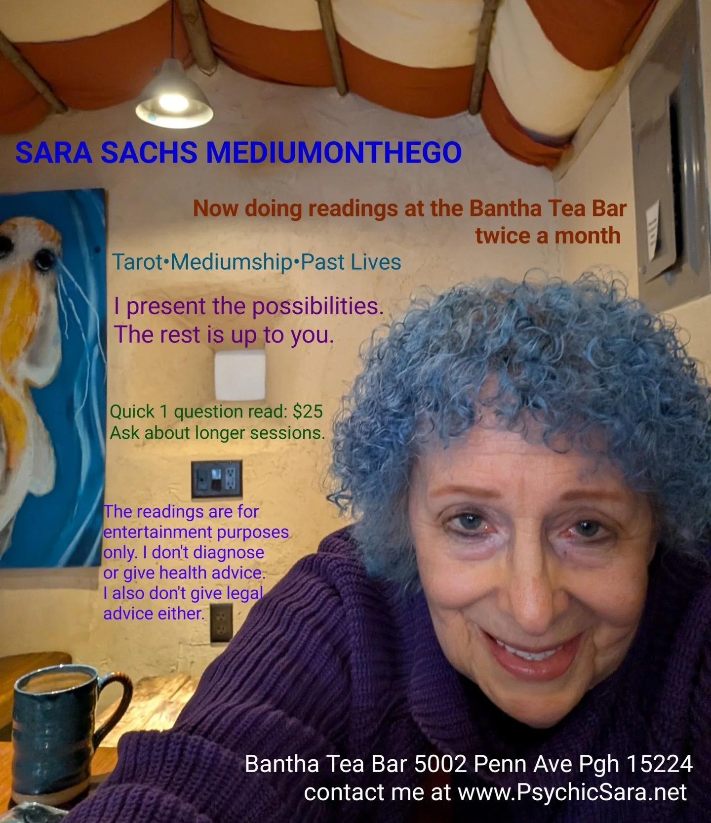 Happening this Thursday! February 12 4-7 PM. Get a tea and tarot reading with Sara! @sarasachsmediumonthego 🫖🎴🃏