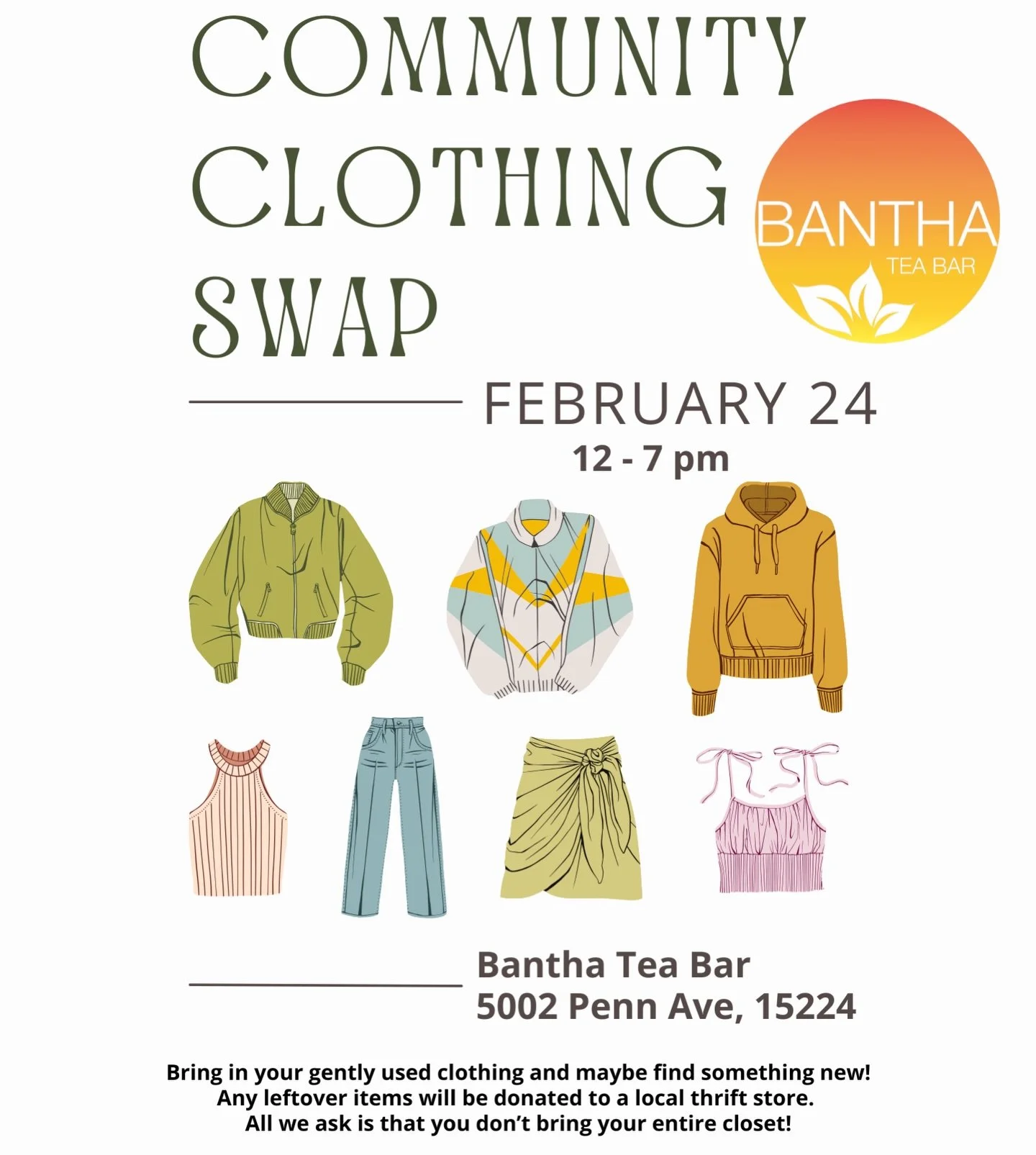🧥👚👕COMMUNITY CLOTHING SWAP👖👗👙
Bring your new/gently used clothing to Bantha on February 24th and swap with some fellow community members! 

Going all day (12-7 PM), any gender of clothes is welcome :) no limit to how much you can bring, just do