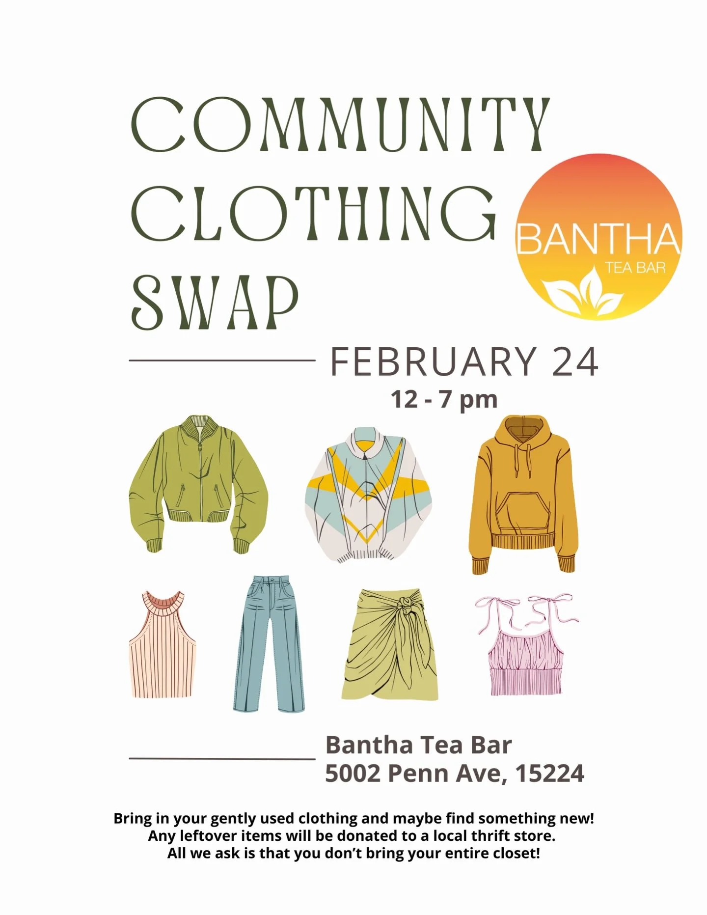 The Community Clothing Swap is tomorrow! 🧥👕👙👔🥋👚 going all day 12-7 PM. Bring your gently-used (or new!) clothes to Bantha and swap for some good finds 👀

Important to note:
- we will have a private changing area with a mirror set up somewhere 