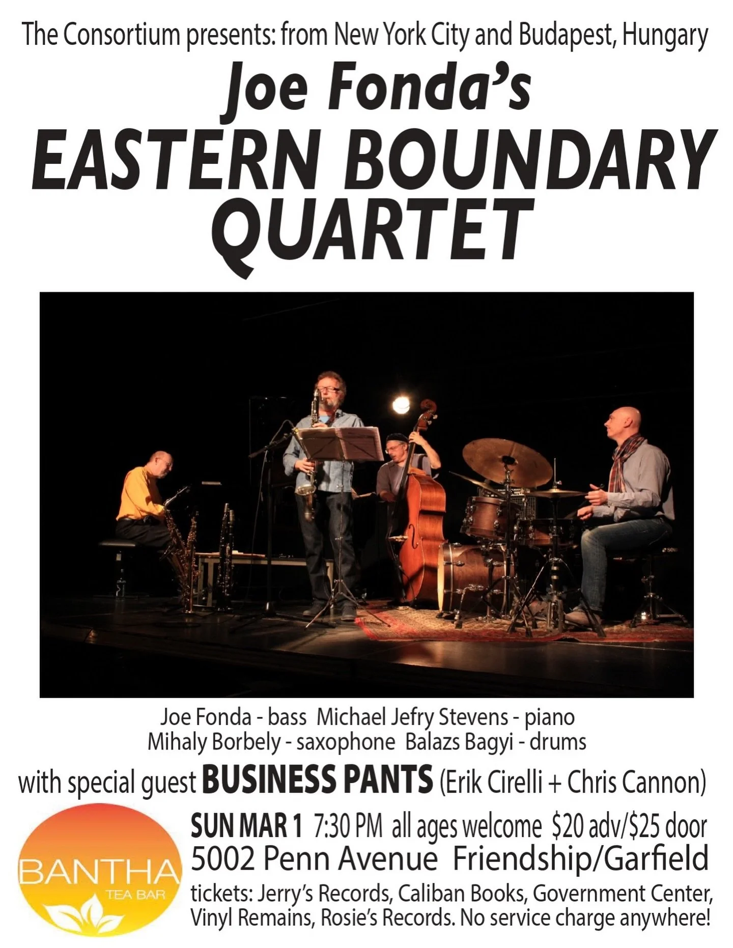 Sunday, March 1st! Joe Fonda&rsquo;s Eastern Boundary Quartet with special guest Business Pants! (@erik.cirelli + @primal_yawn) 

7:30 PM start, $20 at the door, all ages welcome