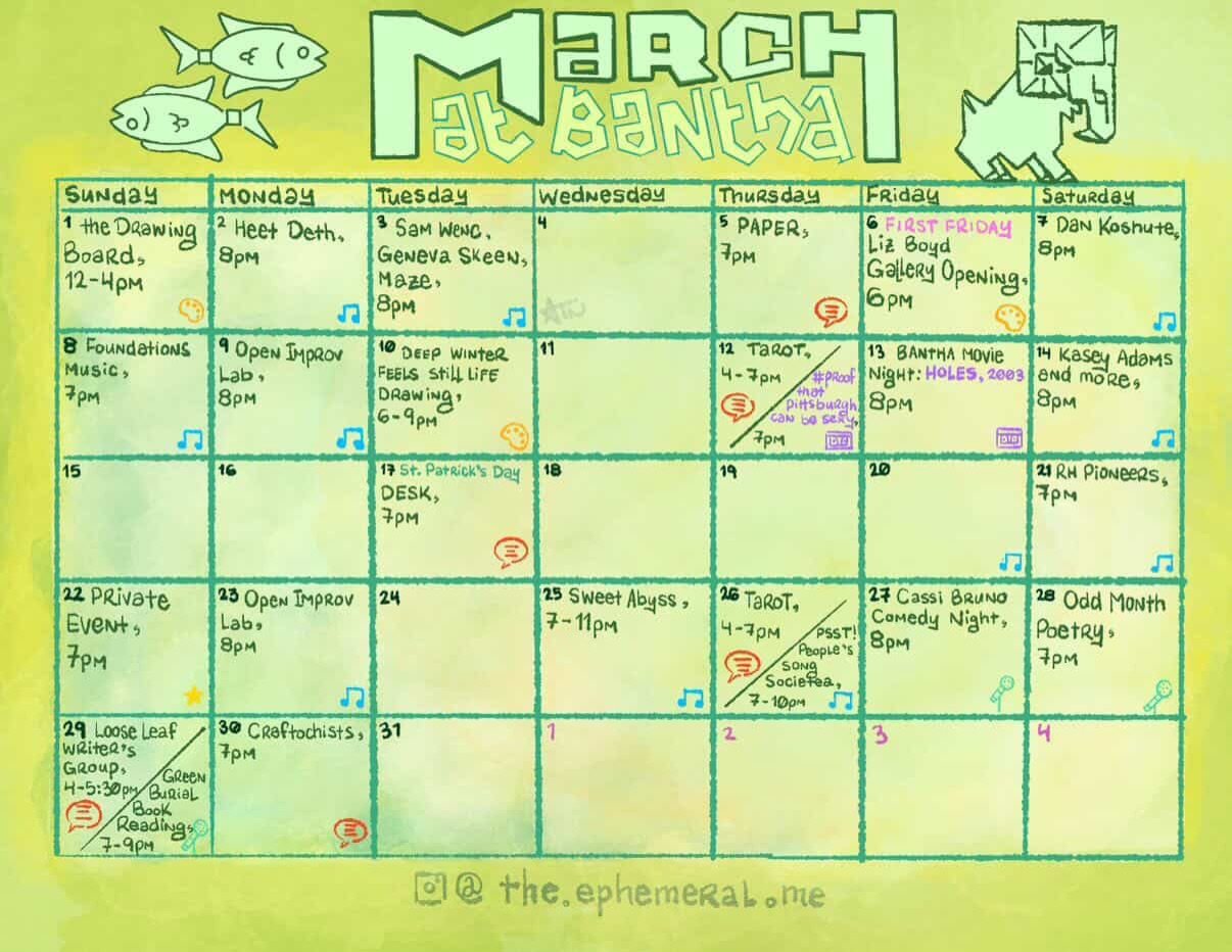 🐟🔅🐐 March at Bantha 🐐🔅🐟

Bantha will be open and serving drinks the entire time (you can come in and get a drink even if you are not attending an event!)

if you have an idea for an event of your own, send us a dm or email! No cost to put on an