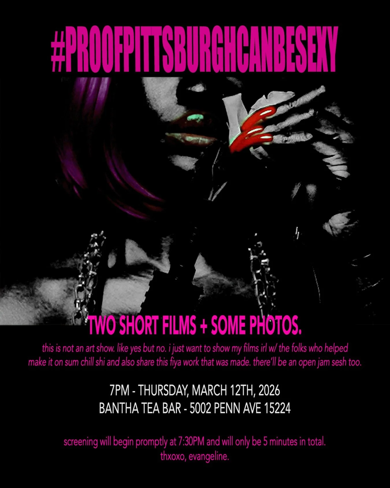 Thursday, March 12 - 7 PM 💋💋

Short films by @evvangelinema screenings starting at 7:30! + open jam sesh afterwards (feel free to bring an instrument or something that makes noise)